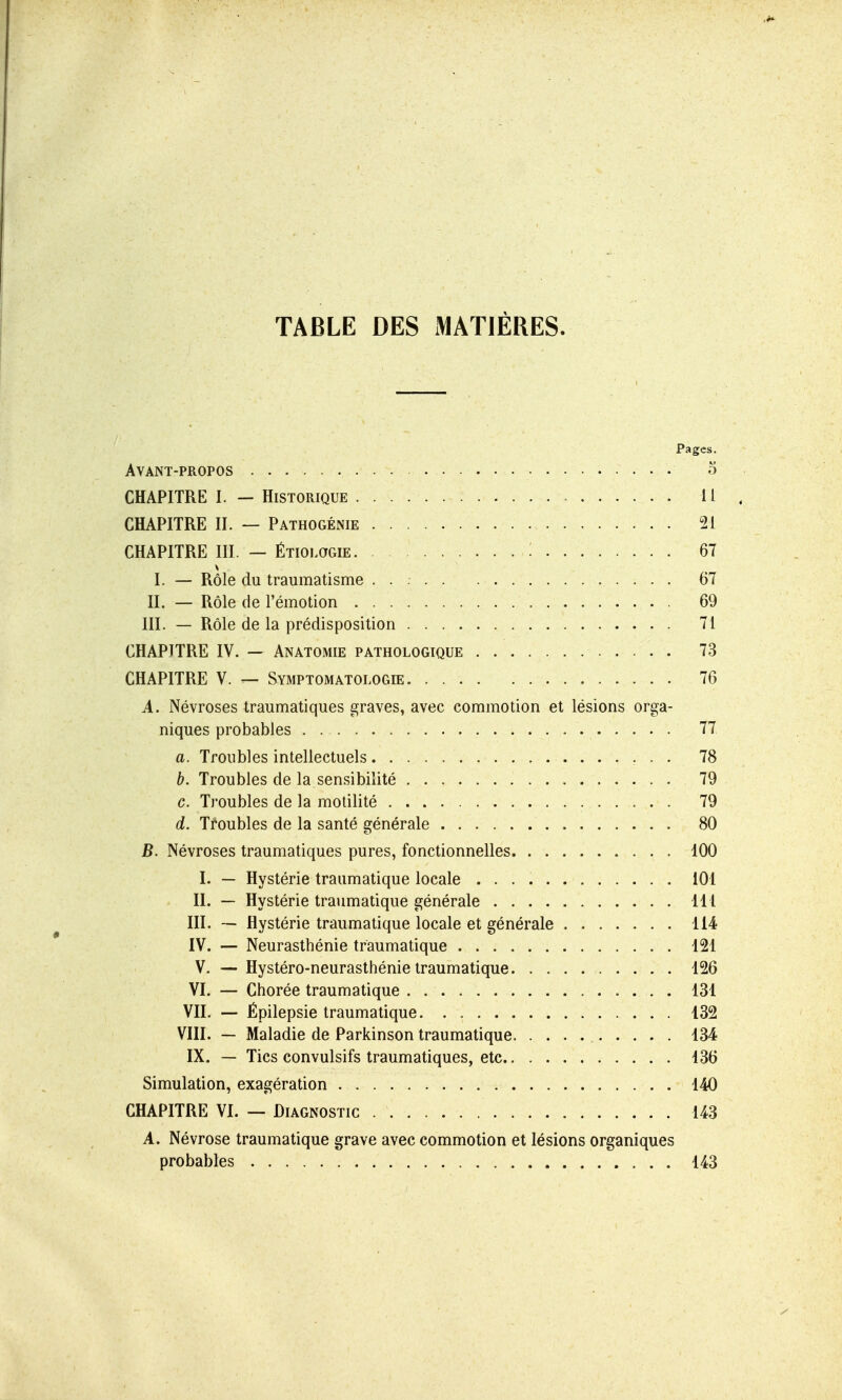 TABLE DES iMATIÉRES. Pages. Avant-propos • ■ o CHAPITRE I. — Historique Il CHAPITRE II. — Pathogénie 21 CHAPITRE m. — ÉTiOLOGiE. 67 I. — Rôle du traumatisme 67 II. — Rôle de l'émotion 69 III. — Rôle de la prédisposition 71 CHAPITRE IV. — Anatomie pathologique 73 CHAPITRE V. — Symptomatologie 76 A. Névroses traumatiques graves, avec commotion et lésions orga- niques probables 77 a. Troubles intellectuels 78 b. Troubles de la sensibilité • • • '^9 c. Troubles de la motilité 79 d. Troubles de la santé générale 80 B. Névroses traumatiques pures, fonctionnelles 100 I. — Hystérie traumatique locale 101 II. — Hystérie traumatique générale 111 III. — Hystérie traumatique locale et générale 114 IV. — Neurasthénie traumatique 121 V. — Hystéro-neurasthénie traumatique 126 VI. — Chorée traumatique 131 VII. — Épilepsie traumatique 132 VIII. — Maladie de Parkinson traumatique 134 IX. — Tics convulsifs traumatiques, etc 136 Simulation, exagération 140 CHAPITRE VI. — Diagnostic 143 A. Névrose traumatique grave avec commotion et lésions organiques probables 143