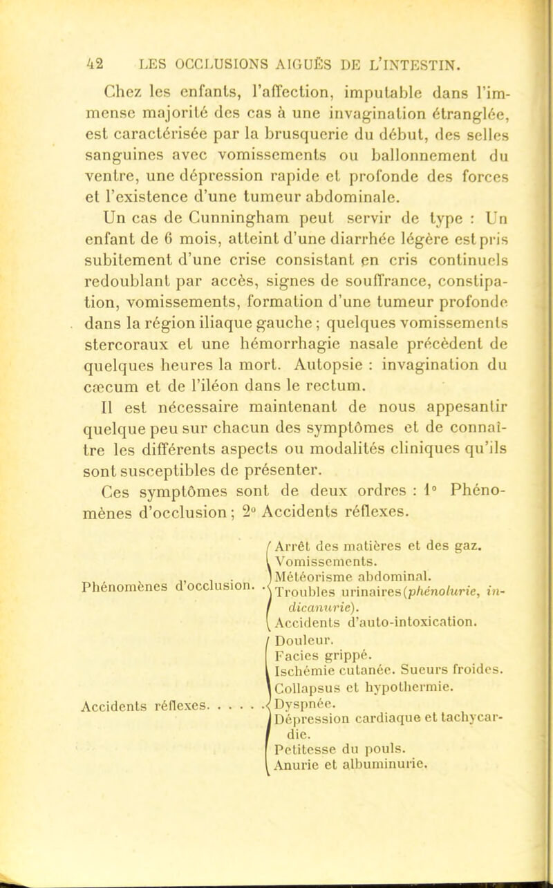 Chez les enfants, raffection, imputable dans l'im- mense majorité des cas à une invagination étranglée, est caractérisée par la brusquerie du début, des selles sanguines avec vomissements ou ballonnement du ventre, une dépression rapide et profonde des forces et l'existence d'une tumeur abdominale. Un cas de Cunningham peut servir de type : Un enfant de 6 mois, atteint d'une diarrhée légère est pris subitement d'une crise consistant en cris continuels redoublant par accès, signes de souffrance, constipa- tion, vomissements, formation d'une tumeur profonde dans la région iliaque gauche ; quelques vomissements stercoraux et une hémorrhagie nasale précèdent de quelques heures la mort. Autopsie : invagination du cœcum et de l'iléon dans le rectum. Il est nécessaire maintenant de nous appesantir quelque peu sur chacun des symptômes et de connaî- tre les différents aspects ou modalités cliniques qu'ils sont susceptibles de présenter. Ces symptômes sont de deux ordres : 1° Phéno- mènes d'occlusion ; 2 Accidents réflexes. IArrêt des matières et des gaz. Vomissements. Méléorisme abdominaL Troubles urinaires(p/ienoiitrie, in- dicannrie). Accidents d'auto-intoxication. / Douleur. Faciès grippé, l Ischémie cutanée. Sueurs froides. ICollapsus et hypothermie. Accidents réflexes .| Dyspnée. J Dépression cardiaque et tachycar- 1 die. I Petitesse du pouls, l Anurie et albuminurie.