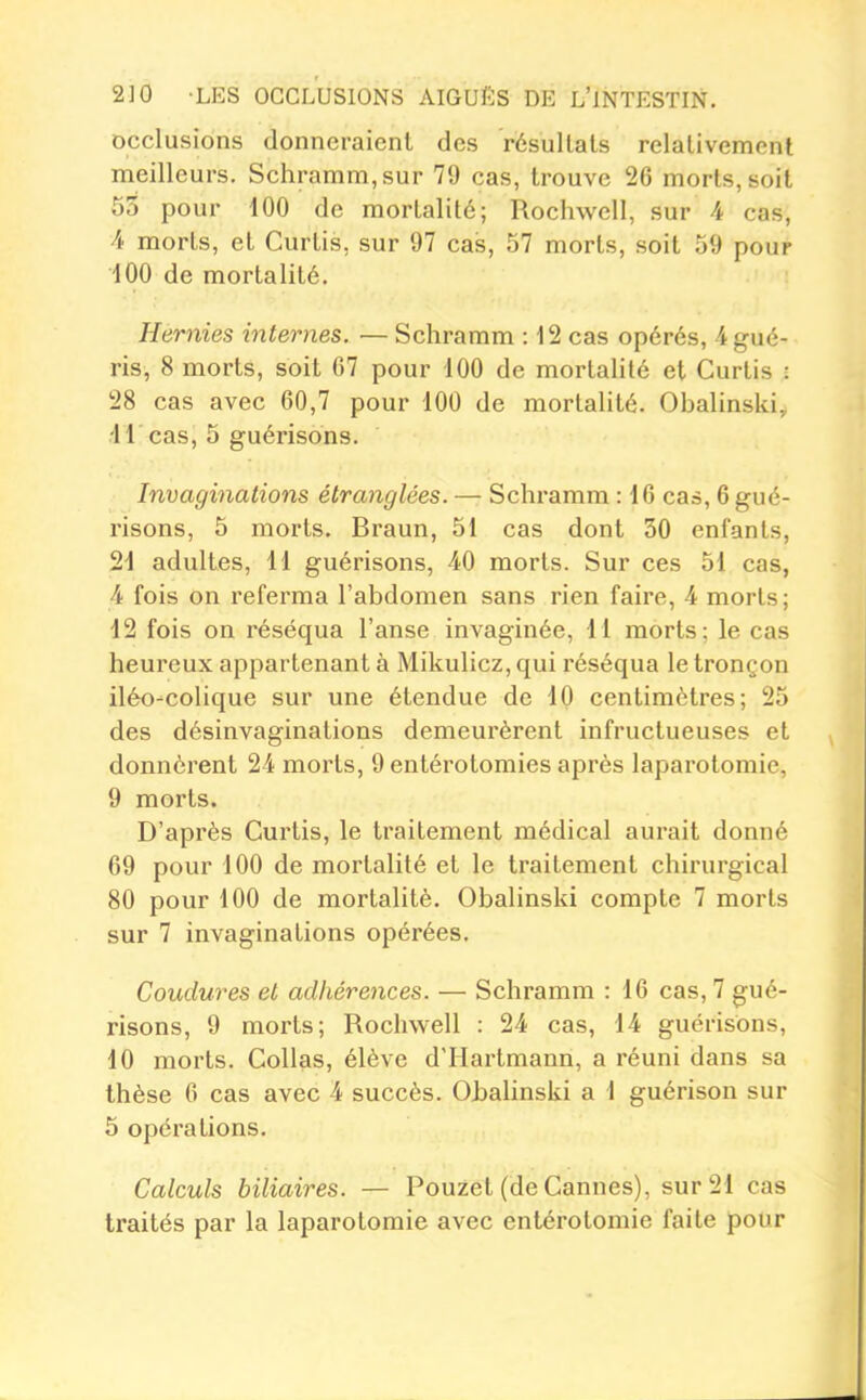 occlusions donneraient des résultais relativement meilleurs. Schramm,sur 79 cas, trouve 26 morts, soit 55 pour 100 de mortalité; Rochwell, sur 4 cas, 4 morts, et Curtis, sur 97 cas, 57 morts, soit 59 pour 100 de mortalité. Hernies internes. — Schramm : 12 cas opérés, 4 gué- ris, 8 morts, soit 67 pour 100 de mortalité et Curtis : 28 cas avec 60,7 pour 100 de mortalité. Obalinski, 11 cas, 5 guérisons. Invaginations étranglées. — Schramm : 16 cas, 6 gué- risons, 5 morts. Braun, 51 cas dont 30 enfants, 21 adultes, 11 guérisons, 40 morts. Sur ces 51 cas, 4 fois on referma l'abdomen sans rien faire, 4 morts; 12 fois on réséqua l'anse invaginée, 11 morts; le cas heureux appartenant à Mikulicz, qui réséqua le tronçon iléo-^colique sur une étendue de 10 centimètres; 25 des désinvaginations demeurèrent infructueuses et donnèrent 24 morts, 9 entérotomies après laparotomie, 9 morts. D'après Curtis, le traitement médical aurait donné 69 pour 100 de mortalité et le traitement chirurgical 80 pour 100 de mortalité. Obalinski compte 7 morts sur 7 invaginations opérées. Coudures et adhérences. — Schramm : 16 cas, 7 gué- risons, 9 morts; Rochwell : 24 cas, 14 guérisons, 10 morts. Collas, élève d'Hartmann, a réuni dans sa thèse 6 cas avec 4 succès. Ohahnski a 1 guérison sur 5 opérations. Calculs biliaires. — Pouzet (de Cannes), sur 21 cas traités par la laparotomie avec entérotomie faite pour