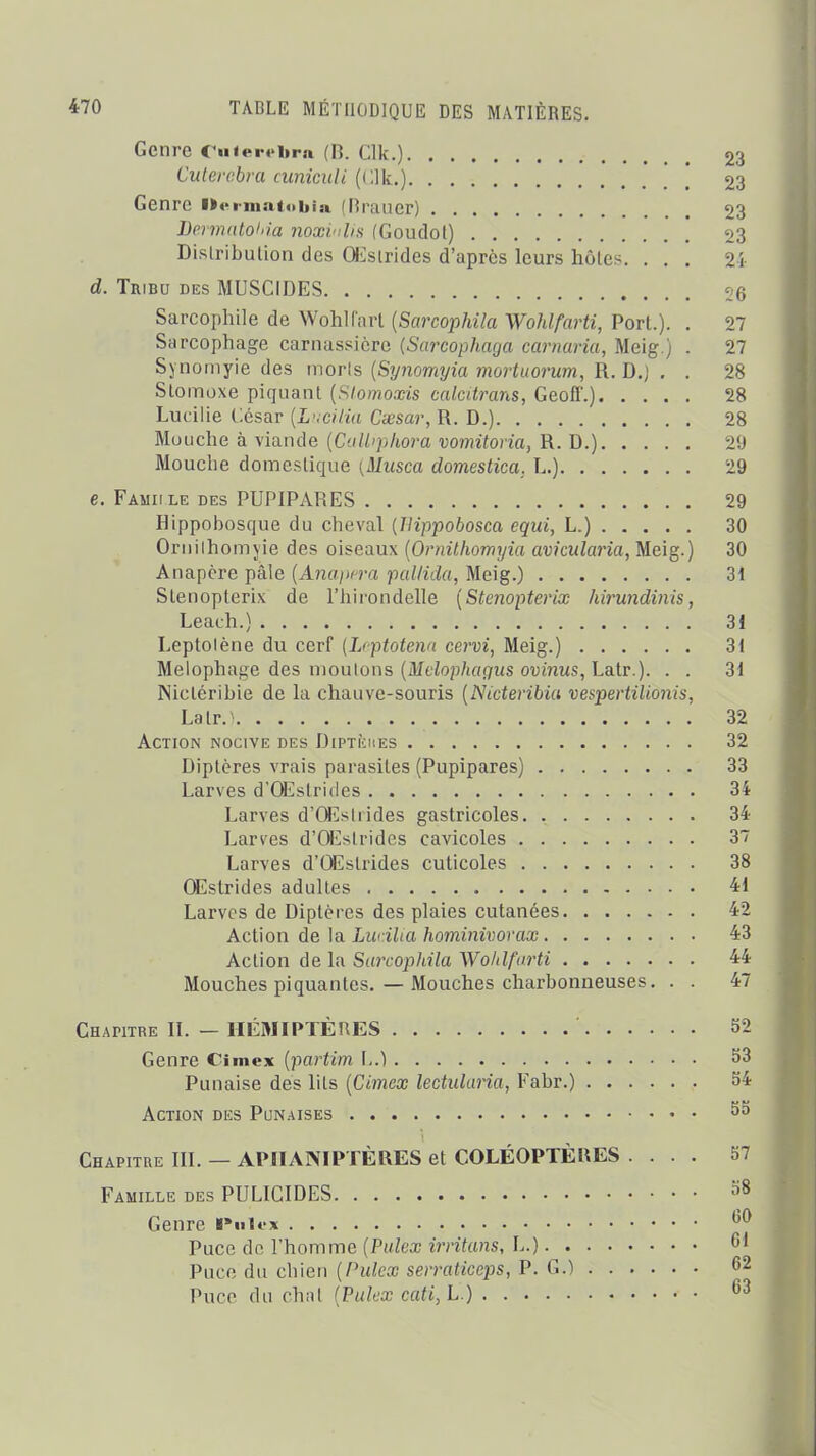 Genre Cuieri'brn (R. Clk.) 23 Cidercbra cuniculi (Clk.) 23 Genre ikennatobia (Hrauer) 23 Dermatoi'ia noxinlm (Goudol) 23 Dislribulion des Œslrides d'après leurs hôtes. . , . 2i d. Tribu des MUSCIDES 20 Sarcophile de WohIInrt {Sarcophila Wolilfarti, Port.). . 27 Sarcophage carnassière (Sarcophaga carnaria, Meig.) . 27 Synotnyie des mov[?, {Symmyia mortuorum, 'k.'O.) . . 28 Stoinuxe piquant (Slomoxis calcitrans, Gcoff.) 28 Lucilie César {Lucilin Cxsar, R. D.) 28 Mouche à viande (Cull'phora vomitovia, R. D.) 29 Mouclie domestique (Musca domestica. L.) 29 e. Famiile des PUPIPARES 29 Hippobosque du cheval {IHppobosca equi, L.) 30 Ornilhomyie des oiseaux (Onntliomyia avicularia, Meig.) 30 Anapère pâle {Anajx^ra pallida, Meig.) 3t Slenopterix de l'hirondelle [Stenopterix hirundinis, Leach.) 3! Leptolène du cerf (Lcptotena cervi, Meig.) 31 Melophage des moulons {Melophac/us ovinus, Latr.). . . 3d INictéribie de la chauve-souris {Nicteribia vespertilionis, Latr.i 32 Action nocive des Diptèhes 32 Diptères vrais parasites (Pupipares) 33 Larves d'CEstrides 34 Larves d'Œîsliides gastricoles 34 Larves d'ŒsIrides cavicoles 3 Larves d'Œstrides cuticoles 38 CEstrides adultes 41 Larves de Diptères des plaies cutanées 42 Action de la Ludlia hominivorax 43 Action de la Sarcophila Wohlfarti 44 Mouches piquantes. — Mouches charbonneuses. . . 47 Chapitre IL — lIlLRIIPTÈnES ' 52 Genre Cimex [partim \,.) S3 Punaise des lits {Cimex lectularia, Fabr.) S4 Action des Punaises 53 Chapitre IIL — APIIANIPTÈRES et COLÉOPTÈRES .... 57 Famille des PULICIDES 58 Genre «»iiU-x Puce de l'homme [Pulex iiritans, L.) Cl Puce du chien {Pulcx seiraticeps, P. G.) 62 Puce du chai {Pulex cati,L.) ^3