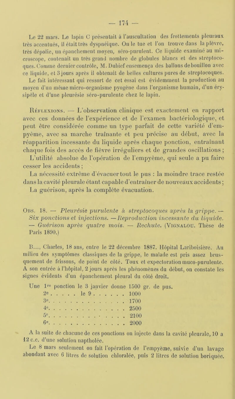 Le 22 mars. Le lapin G présenlait à rausciiltalion des froUemenls pleuraux très accentués, il était très dyspnéique. On le tue et l’on trouve dans la i)lêvre, très dépolie, un épanchement moyen, séro-purnient. Ce liquide examiné au mi- croscope, contenait un très grand nombre de globules blancs et des streptoco- ques. Comme dernier contrôle, M. Dubief ensemença des ballons debouillon avec ce liquide, et 3 jours après il obtenait de l)elles cultures pures de streptocoques. Le fait intéressant (jui ressort de cet essai est évidemment la production au moyen d’un même micro-organisme pyogène dans l’organisme humain, d’un éry- sipèle et d’une pleurésie séro-purulente chez le lapin. llÉFLExioNS. — L’observation clinique est exactement en rapport avec ces données de l’expérience et de l’examen bactériologique, et peut être considérée comme un type parfait de cette variété d’em- pyème, avec sa marche traînante et peu précise au début, avec la réapparition incessante du liquide après chaque ponction, entraînant chaque fois des accès de fièvre irréguliers et de grandes oscillations ; L’utilité absolue de l’opération de l’empyème, qui seule a pu faire cesser les accidents ; r,a nécessité extrême d’évacuer tout le pus : la moindi’e trace restée dans la cavité pleurale étant capable d’entraîner de nouveaux accidents ; T.a guérison, après la complète évacuation. Ohs. 18. — Pleurésie purulente à streptocoques après la grippe. — Six ponctions et injections. — Reproduction incessante du liquide. — Guérison après quaire mois. — Rechute. (ViCtNalou. Thèse de Paris 1890.) B..., Charles, 18 ans, entre le 22 décembre 1887. Hôpital Lariboisière. Au milieu des symptômes classi(|ues de la grippe, le malade est pris assez brus- quement de frissons, de point de côté. Toux et exfiectoration muco-purulente. A son entrée à l’hôpital, 2 jours après les phénomènes du début, on constate les signes évidents d’un épanchement pleural du côté droit. Une 1‘® ponction le 3 janvier donne L500 gr. de pus. 2e le 9 1000 3« 1700 2500 5“ .... 2100 6« 2000 A la suite de chacune de ces ponctions on injecte dans la cavité pleurale, 10 a 12 c.c. d’une solution naptholée. Le 8 mars seulement on fait l’opération de l’empyèine, suivie d’un lavage abondant avec 6 litres de solution chloralée, puis 2 litres de solution boriquée.