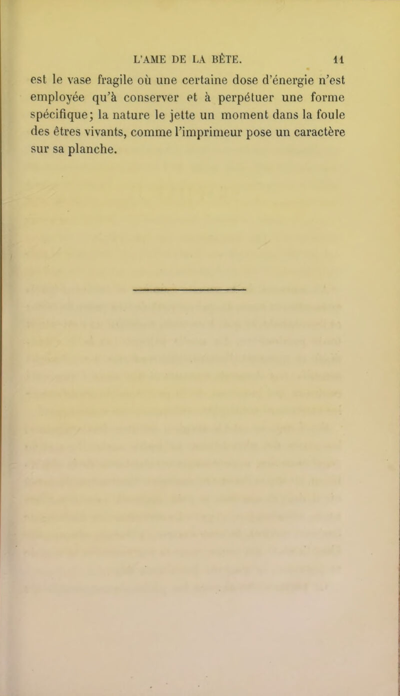 est le vase fragile où une certaine dose d'énergie n'est employée qu'à conserver et à perpétuer une forme spécifique; la nature le jette un moment dans la foule des êtres vivants, comme l'imprimeur pose un caractère sur sa planche.