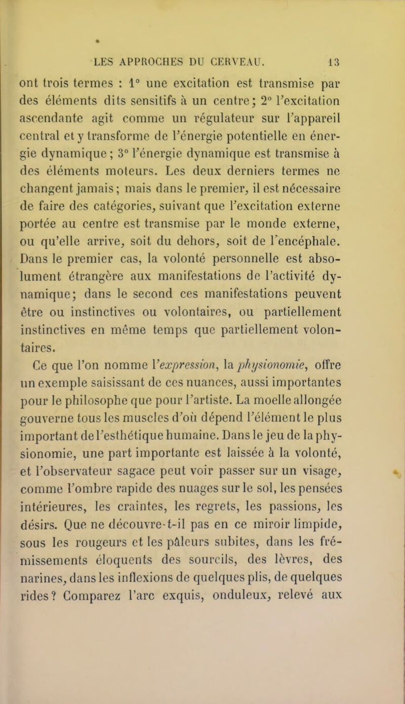 ont trois termes : 1° une excitation est transmise par des éléments dits sensitifs à un centre; 2° l'excitation ascendante agit comme un régulateur sur l'appareil central et y transforme de l'énergie potentielle en éner- gie dynamique ; 3 l'énergie dynamique est transmise à des éléments moteurs. Les deux derniers termes ne changent jamais ; mais dans le premier, il est nécessaire de faire des catégories, suivant que l'excitation externe portée au centre est transmise par le monde externe, ou qu'elle arrive, soit du dehors, soit de Tencéphale. Dans le premier cas, la volonté personnelle est abso- lument étrangère aux manifestations do l'activité dy- namique; dans le second ces manifestations peuvent être ou instinctives ou volontaires, ou partiellement instinctives en même temps que partiellement volon- taires. Ce que l'on nomme Vexpression, la physionomie, offre un exemple saisissant de ces nuances, aussi importantes pour le philosophe que pour l'artiste. La moelle allongée gouverne tous les muscles d'où dépend l'élément le plus important de l'esthétique humaine. Dans le jeu de la phy- sionomie, une part importante est laissée à la volonté, et l'observateur sagace peut voir passer sur un visage, comme l'ombre rapide des nuages sur le sol, les pensées intérieures, les craintes, les regrets, les passions, les désirs. Que ne découvre-t-il pas en ce miroir limpide, sous les rougeurs et les pûlcurs subites, dans les fré- missements éloquents des sourcils, des lèvres, des narines, dans les inflexions de quelques plis, de quelques rides? Comparez l'arc exquis, onduleux, relevé aux