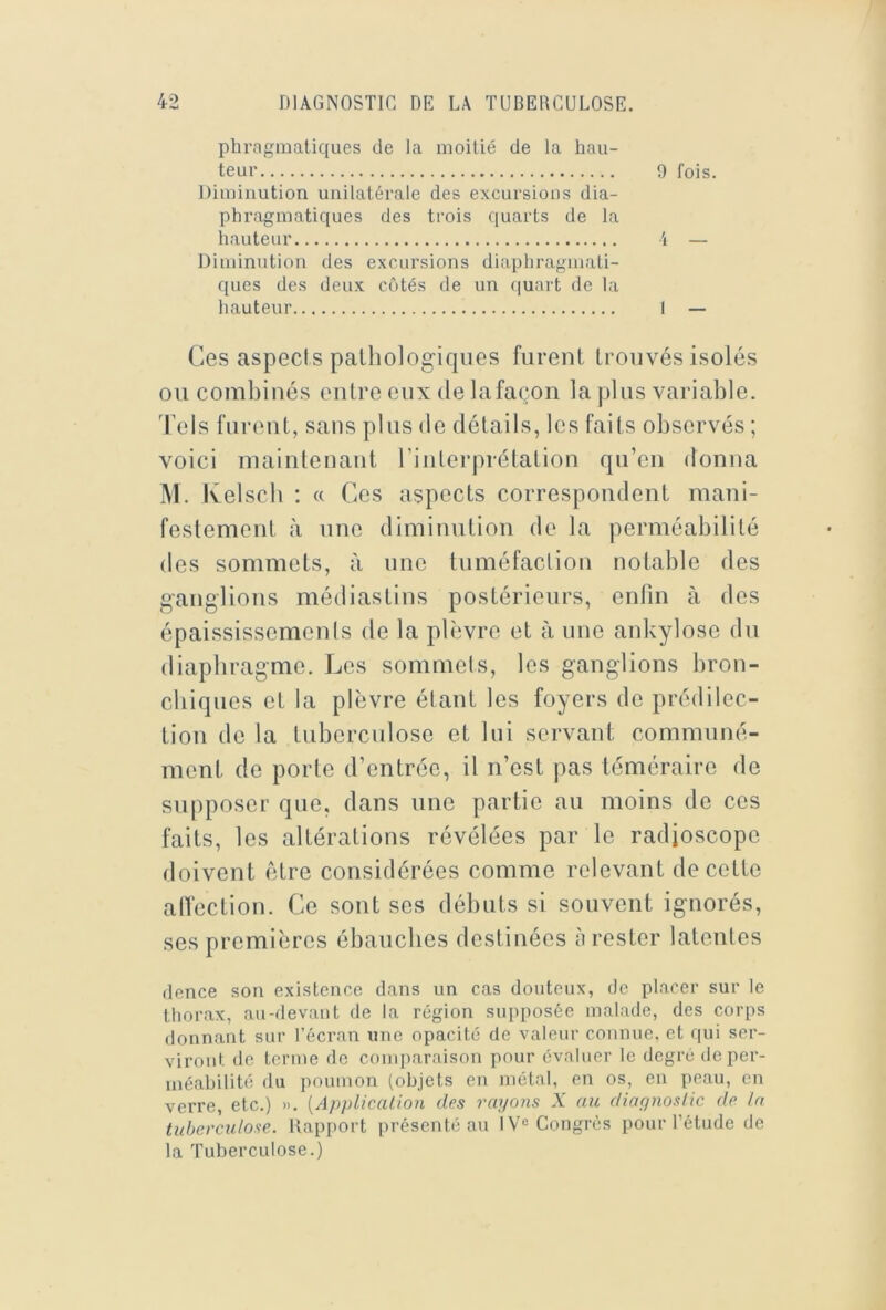 phraginatiques de Ica moitié de la hau- teur 9 fois. Diiuiiiution unilatérale des excursions dia- phragmatiques des trois quarts de la hauteur i — Diminution des excursions diaphragmati- ques des deux côtés de un quart de la hauteur I — Ces aspecis pathologiques furent trouvés isolés ou combinés entre eux de lafaçon la jdus variable. 'Tels furent, sans plus de détails, les faits observés ; voici maintenant rinlerprélalion qu’en donna M. Ivelscb ; « Ces aspects correspondent mani- festement à une diminution de la perméabilité des sommets, à une tuméfaction notable des ganglions médiastins postérieurs, enfin à des épaississemenis de la plèvre et à une ankylosé du diaphragme. Les sommets, les ganglions bron- ebiques et la plèvre étant les foyers de prédilec- tion de la tuberculose et lui servant communé- ment de porte d’entrée, il n’est pas téméraire de supposer que, dans une partie au moins de ces faits, les altérations révélées par le radjoscope doivent être considérées comme relevant de cette alVection. Ce sont ses débuts si souvent ignorés, ses premières ébauches destinées :t rester latentes (lence son existence dans un cas douteux, de placer sur le thorax, au-devant de la région supposée malade, des corps donnant sur l’écran une opacité de valeur connue, et qui ser- viront de terme de comi)araison pour évaluer le degré de per- méabilité du poumon (objets en métal, en os, en peau, en verre, etc.) ». [Applicalion des rayons X au diaynosiie de la tuberculose. Rapport présenté au IV® Congrès pour l’étude de la Tuberculose.)