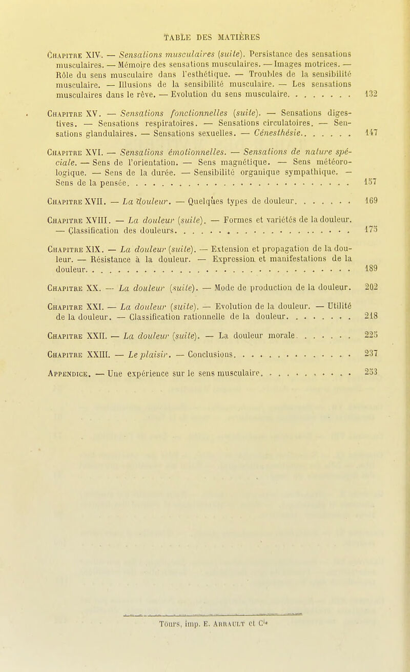 Chapitre XIV. — Sensations musculaires (suite). Persistance des sensations musculaires. — Mémoire des sensations musculaires. —Images motrices. — Rôle du sens musculaire dans l'esth6ti([ue. — Troubles de la sensibilité musculaire. — Illusions de la sensibilité musculaire. — Les sensations musculaires dans le rêve. — Evolution du sens musculaire 132 Chapitre XV. — Sensations fonctionnelles (suite). — Sensations diges- tives. — Sensations respiratoires. — Sensations circulatoires. — Sen- sations glandulaires. — Sensations sexuelles. — Cènesthésie 117 Chapitre XVI. — Sensations émotionnelles. — Sensations de nature spé- ciale. — Sens de l'orientation. — Sens magnétique. — Sens météoro- logique. — Sens de la durée. — Sensibilité organique sympathique. - Sens de la pensée 151 Chapitre XVII. — LaXlouleur. — Quelques types de douleur 169 Chapitre XVIII. — La douleur (suite). — Formes et variétés de la douleur. — Classification des douleurs 178 Chapitre XIX. — La douleur (suite). — Extension et propagation de la dou- leur. — Résistance à la douleur. — Expression et manifestations de la douleur 189 Chapitre XX. — La douleur (suite). — Mode de production de la douleur. 202 Chapitre XXI. — La douleur (suite). — Evolution de la douleur. — Utilité de la douleur. —Classification rationnelle delà douleur 218 Chapitre XXII. — La douleur (suite). — La douleur morale . 223 Chapitre XXIII. — Le plaisir. — Conclusions 237 Appendice. —Une expérience sur le sens musculaire 233 Tours. Imp. E. Aiiiiwi.t cl C