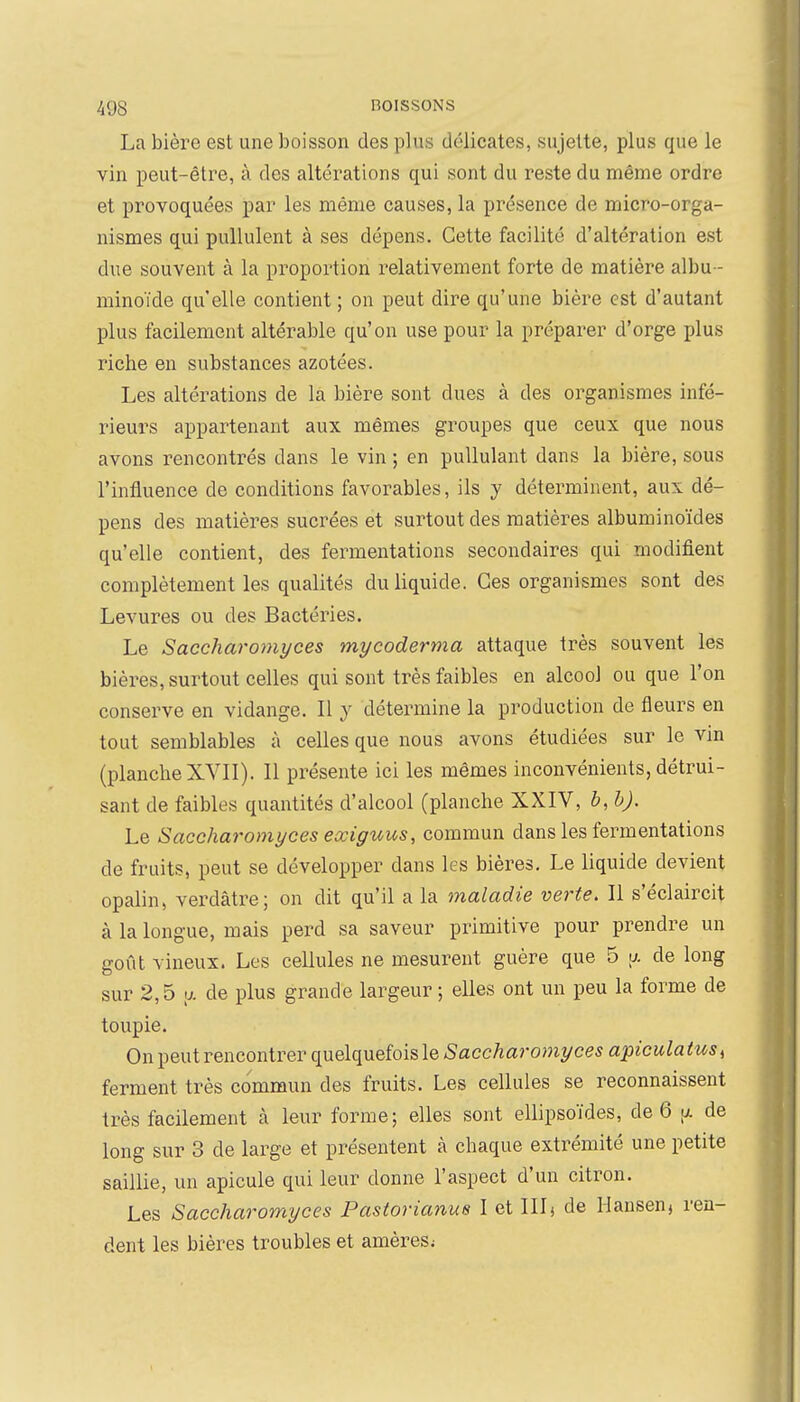 La bière est une boisson des plus délicates, sujette, plus que le vin peut-être, à des altérations qui sont du reste du même ordre et provoquées par les même causes, la présence de micro-orga- nismes qui pullulent à ses dépens. Cette facilité d'altération est due souvent à la proportion relativement forte de matière albu- minoïde qu'elle contient ; on peut dire qu'une bière est d'autant plus facilement altérable qu'on use pour la préparer d'orge plus riche en substances azotées. Les altérations de la bière sont dues à des organismes infé- rieurs appartenant aux mêmes groupes que ceux que nous avons rencontrés dans le vin ; en pullulant dans la bière, sous l'influence de conditions favorables, ils y déterminent, aux dé- pens des matières sucrées et surtout des matières albuminoïdes qu'elle contient, des fermentations secondaires qui modifient complètement les qualités du liquide. Ces organismes sont des Levures ou des Bactéries. Le Saccharomyces mycoderma attaque très souvent les bières, surtout celles qui sont très faibles en alcool ou que l'on conserve en vidange. Il y détermine la production de fleurs en tout semblables à celles que nous avons étudiées sur le vm (planche XVII). Il présente ici les mêmes inconvénients, détrui- sant de faibles quantités d'alcool (planche XXIV, b, h). Le Saccharomyces eœiguus, commun dans les fermentations de fruits, peut se développer dans les bières. Le liquide devient opalin, verdâtre; on dit qu'il a la maladie verte. Il s'éclaircit à la longue, mais perd sa saveur primitive pour prendre un goût vineux. Les cellules ne mesurent guère que 5 a de long sur 2,5 a de plus grande largeur ; elles ont un peu la forme de toupie. On peut rencontrer quelquefois le Saccharomyces apiculatust ferment très commun des fruits. Les cellules se reconnaissent très facilement à leur forme; elles sont ellipsoïdes, de 6 de long sur 3 de large et présentent à chaque extrémité une petite saillie, un apicule qui leur donne l'aspect d'un citron. Les Saccharomyces Pastorianus I et IIIj de Hansen, ren- dent les bières troubles et amères^