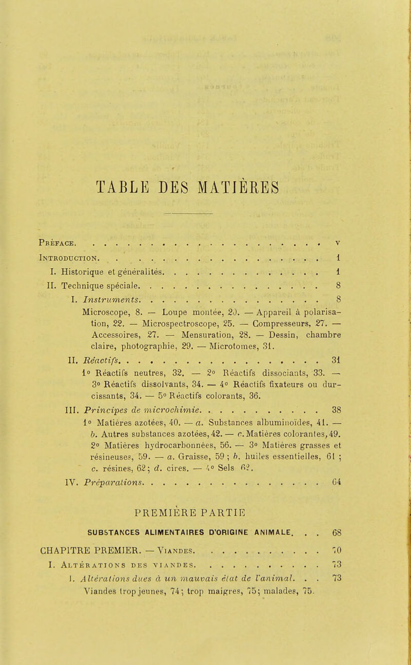 TABLE DES MATIÈRES Préface v Introduction. . 1 I. Historique et généralités 1 II. Technique spéciale 8 I. Instruments 8 Microscope, 8. — Loupe montée, 20. — Appareil à polarisa- tion, 22. — Microspectroscope, 25. — Compresseurs, 27. — Accessoires, 27. — Mensuration, 28. — Dessin, chambre claire, photographie, 29. — Microtomes, 31. II. Réactifs 31 1° Réactifs neutres, 32. — 2° Réactifs dissociants, 33. — 30 Réactifs dissolvants, 34. — 4° Réactifs fixateurs ou dur- cissants, 34. — 5 Réactifs colorants, 36. III. Principes de microchimie . 38 1° Matières azotées, 40. — a. Substances albumiiioïdes, 41. — b. Autres substances azotées,42.— r.Matières colorantes,49, 2° Matières hydrocarbonnées, 56. — 3 Matières grasses et résineuses, 59. — a. Graisse, 59 ; h. huiles essentielles, 61 ; c. résines, 62; d. cires. — '1° Sels fi?. IV. Préparations . 64 PREMIÈRE PARTIE SUBSTANCES ALIMENTAIRES D'ORIQINE ANIMALE. . . 68 CHAPITRE PREMIER. — Viandes ^O I. Altérations des viandes 3 I. Altérations dues à un mauvais état de l'animal. . . 73 Viandes trop jeunes, 74-, trop maigres, 75; malades, 75.