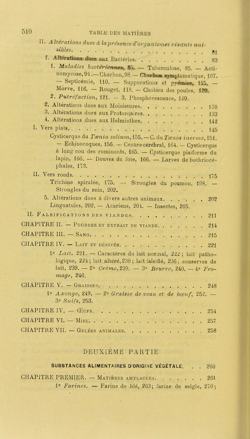 II. Altérations dues à laprésenced'organismes vivants nui- sibles f. Altérations dues aux Bactéries 83 1. Maladies bactériennes, So. — Tuberculose, 85. — Acti- nornycose,9i .— Charbon,98, - Charîx» symptomaiique, 107. — Septicémie, 110. — Suppurations et pyémiea, 115. — Morve, 116. — Rouget, 118. - Choléra des poules, 12», 2. Putréfaction, 121. - 3. Phosphorescence, 129, 2. Altérations dues aux Moisissures iSO 3. Altérations dues aux Protozoaires 133 4. Altérations dues aux Helminthes 142 I. Vers plais I45 Gysticerque du Tsenia solium, 155. — G. du Txnia inerme, 151. - Echiuocoques, 156. — Cénure cérébral, 164. — Gysticerque à long cou des ruminants, 165. — Gysticerque pisiforme du lapin, 166. — Douves du loie, 166. — Larves de bothriocé- phales, 173. II. Vers ronds 17 5 Trichine spiralée, 175. — Slrongles du poumon, 1P8. — Strongles du rein, 202. 5. Altérations dues à divers autres animaux 202 Linguatules, 202. — Acariens, 204. — Insectes, 205. II. Falsifications des viandes 211 CHAPITRE II. — PouDUES et e.\trait de viande 214 CHAPITRE III. — Sang 215 CHAPITRE IV. — Lait et dérivés 221 i° Lait, 221. — Caractères du lait normal, 2li ; lait patho- logique, 224; lait altéré, 230; lait falsifié, 236; conserves de lait, 239. — 2 Crème, 239. — 3° Beurré, 240. — 4° Fro- mage, 246. CHAPITRE V. - Graisses, 248 1 Axonge, 249. — 2° Graisse de veau et de bœuf, 252. — 3» Suifs, 253. CHAPITRE IV. — (EuFs 254 CHAPITRE VI. — Miel 257 CHAPITRE VII. — Gelées animales 258 DEUXIÈME PARTIE SUBSTANCES ALIMENTAIRES D'ORIGINE VÉGÉTALE. . . 260 CHAPITRE PREMIER. — Matières amylacées 261 1° Farines. — Farine de blé, 263; farine de seigle, 270;