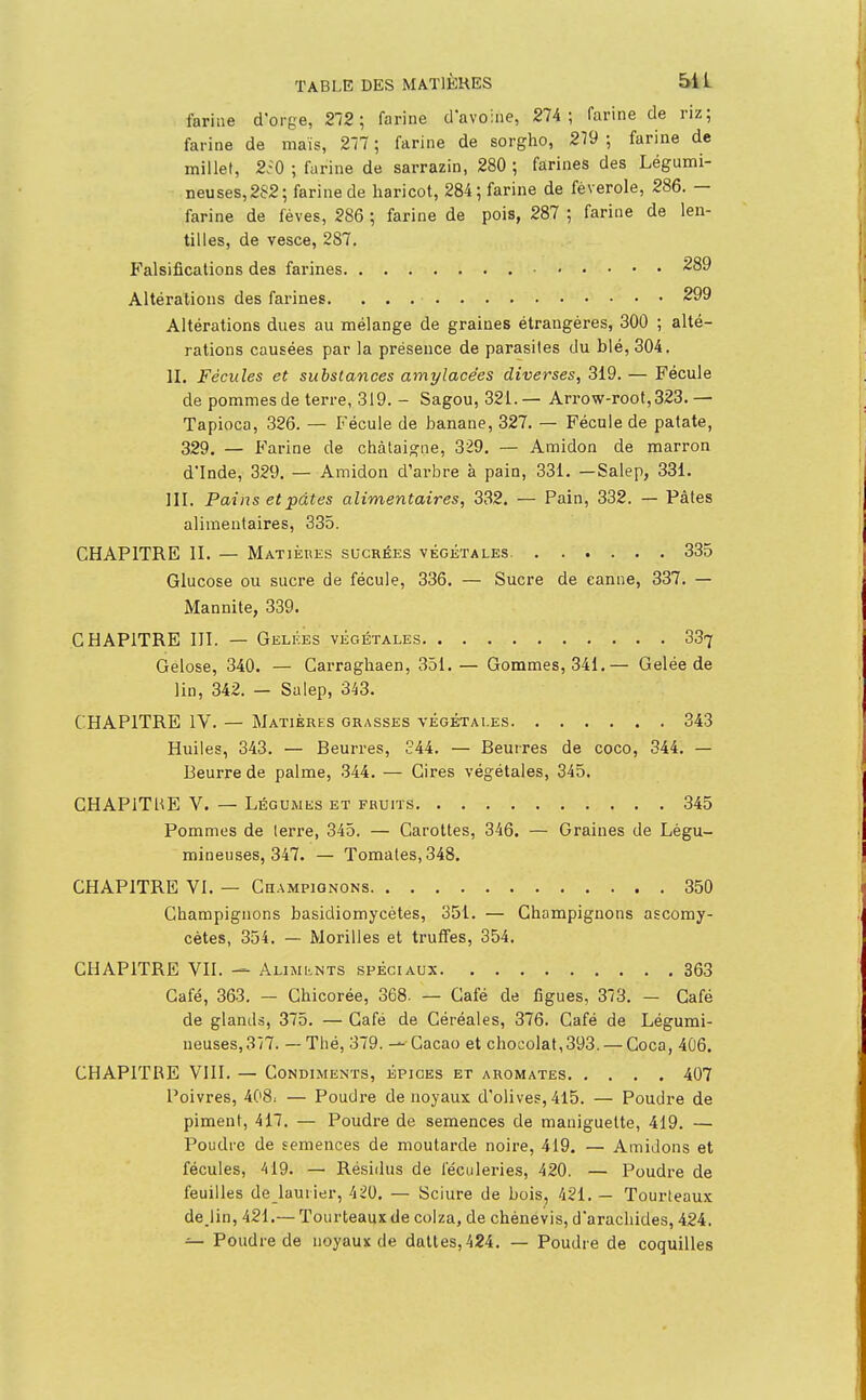 farine d'orge, 212; farine d'avoine, 274; farine de riz; farine de maïs, 277 ; farine de sorgho, 219 ; farine de millet, 2-0 ; farine de sarrazin, 280 ; farines des Légumi- neuses, 282; farine de haricot, 284 ; farine de féverole, 286. — farine de fèves, 286 ; farine de pois, 287 ; farine de len- tilles, de vesce, 287. Falsifications des farines Altérations des farines. 299 Altérations dues au mélange de graines étrangères, 300 ; alté- rations causées par la présence de parasites du blé, 304. II. Fécules et substances amylacées diverses, 319. — Fécule de pommes de terre, 319. - Sagou, 321.— Arrow-root,323. — Tapioca, 326. — Fécule de hanane, 327. — Fécule de patate, 329. — Farine de châtaigne, 329. — Amidon de marron d'Inde, 329. — Amidon d'arbre à pain, 331. —Salep, 331. ni. Pains et pâtes alimentaires, 332. — Pain, 332. — Pâtes alimentaires, 335. CHAPITRE II. — Matières sucrées végétales. 335 Glucose ou sucre de fécule, 336. — Sucre de canne, 337. — Mannite, 339. CHAPITRE 111. — Gelées végétales 337 Gélose, 340. — Carraghaen, 351. — Gommes, 341,— Gelée de lin, 342. — Salep, 343. CHAPITRE IV. — Matières grasses végétales 343 Huiles, 343. — Beurres, 44. — Beurres de coco, 344. — Beurre de palme, 344. — Cires végétales, 345. CHAPITHE V. — Légumes et fruits 345 Pommes de terre, 345. — Carottes, 346. — Graines de Légu- mineuses, 347. — Tomates, 348. CHAPITRE VI, — Champignons 350 Champignons basidiomycètes, 351. — Champignons ascomy- cètes, 354. — Morilles et truffes, 354. CHAPITRE VII. — Alimilnts spéciaux 363 Café, 363. — Chicorée, 368. — Café de figues, 373, — Café de glands, 375. — Café de Céréales, 376. Café de Légumi- neuses,3î7. — Thé, 379. — Cacao et chocolat,393. — Coca, 406. CHAPITRE VIII. — Condiments, épiges et aromates 407 Poivres, 408i — Poudre de noyaux d'olives, 415. — Poudre de piment, 417, — Poudre de semences de maniguette, 419. — Poudre de semences de moutarde noire, 419. — Amidons et fécules, 419. — Résidus de féculeries, 420. — Poudre de feuilles de laurier, 420. — Sciure de bois, 421, — Tourteaux de.lin, 421.— Tourteaux de colza, de chènevis, d'arachides, 424. — Poudre de noyaux de dattes, 424, — Poudre de coquilles