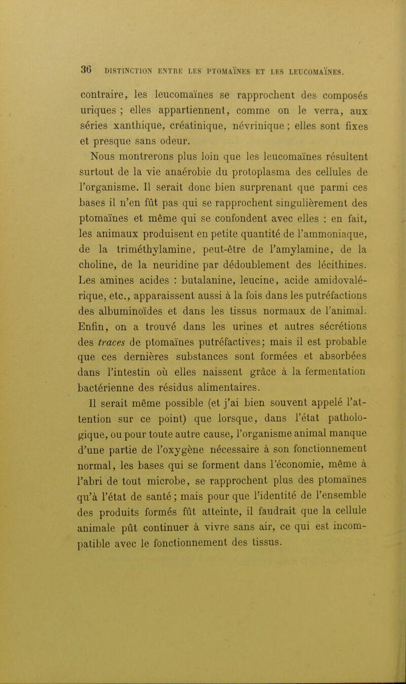 contraire, les leucomaïnes se rapprochent des composés uriques ; elles appartiennent, comme on le verra, aux séries xanthique, créatinique, névrinique ; elles sont fixes et presque sans odeur. Nous montrerons plus loin que les leucomaïnes résultent surtout de la vie anaérobie du protoplasma des cellules de l'organisme. Il serait donc bien surprenant que parmi ces bases il n'en fût pas qui se rapprochent singulièrement des ptomaïnes et même qui se confondent avec elles : en fait, les animaux produisent en petite quantité de l'ammoniaque, de la triméthylamine, peut-être de l'amylamine, de la choline, de la neuridine par dédoublement des lécithines. Les aminés acides : butalanine, leucine, acide amidovalé- rique, etc., apparaissent aussi à la fois dans les putréfactions des albuminoïdes et dans les tissus normaux de l'animal. Enfin, on a trouvé dans les urines et autres sécrétions des traces de ptomaïnes putréfactives; mais il est probable que ces dernières substances sont formées et absorbées dans l'intestin où elles naissent grâce à la fermentation bactérienne des résidus alimentaires. Il serait même possible (et j'ai bien souvent appelé l'at- tention sur ce point) que lorsque, dans l'état patholo- gique, ou pour toute autre cause, l'organisme animal manque d'une partie de l'oxygène nécessaire à son fonctionnement normal, les bases qui se forment dans l'économie, même à l'abri de tout microbe, se rapprochent plus des ptomaïnes qu'à l'état de santé ; mais pour que l'identité de l'ensemble des produits formés fût atteinte, il faudrait que la cellule animale pût continuer à vivre sans air, ce qui est incom- patible avec le fonctionnement des tissus.