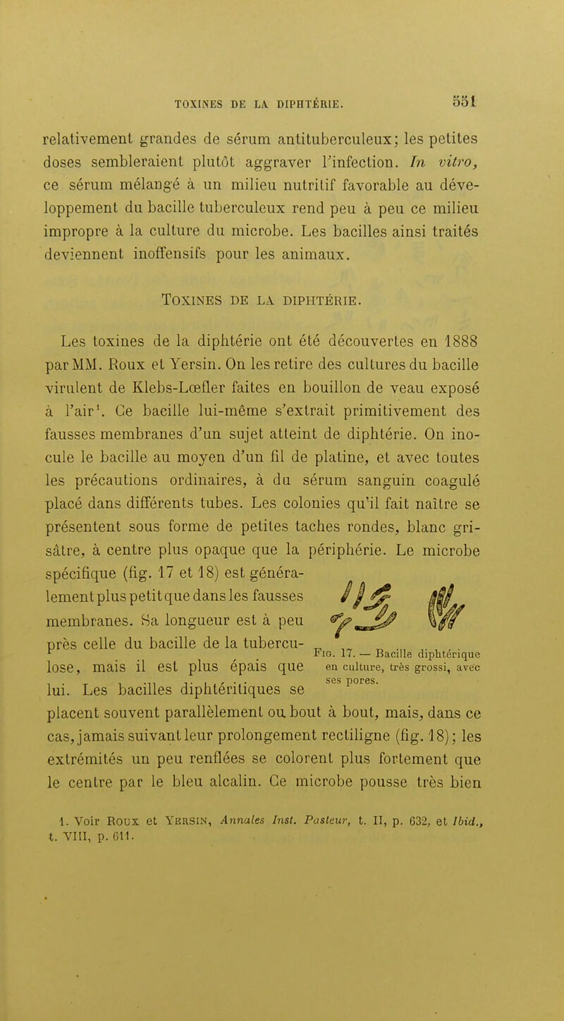relativement grandes de sérum antituberculeux ; les petites doses sembleraient plutôt aggraver Tinfection. In vitro, ce sérum mélangé à un milieu nutritif favorable au déve- loppement du bacille tuberculeux rend peu à peu ce milieu impropre à la culture du microbe. Les bacilles ainsi traités deviennent inofïensifs pour les animaux. Toxines de la diphtérie. Les toxines de la diphtérie ont été découvertes en 1888 par MM. Roux et Yersin. On les retire des cultures du bacille virulent de Klebs-Lœfler faites en bouillon de veau exposé à l'air'. Ce bacille lui-même s'extrait primitivement des fausses membranes d'un sujet atteint de diphtérie. On ino- cule le bacille au moyen d'un fil de platine, et avec toutes les précautions ordinaires, à da sérum sanguin coagulé placé dans différents tubes. Les colonies qu'il fait naître se présentent sous forme de petites taches rondes, blanc gri- sâtre, à centre plus opaque que la périphérie. Le microbe spécifique (fig. 17 et 18) est généra- lement plus petit que dans les fausses /^^ membranes. Sa longueur est à peu ^a^^ près celle du bacille de la tubercu- ^ ^ ^ , Fig. 17. — Bacille diphtérique lose, mais il est plus épais que en culture, très grossi, avec lui. Les bacilles diphtériliques se placent souvent parallèlement ou bout à bout, mais, dans ce cas, jamais suivant leur prolongement rectiligne (fig. 18); les extrémités un peu renflées se colorent plus fortement que le centre par le bleu alcalin. Ce microbe pousse très bien 1. Voir Roux et Yersin, Annales Inst. Pasleur, t. II, p. 632, et Ibid., t. VIII, p. Cil.