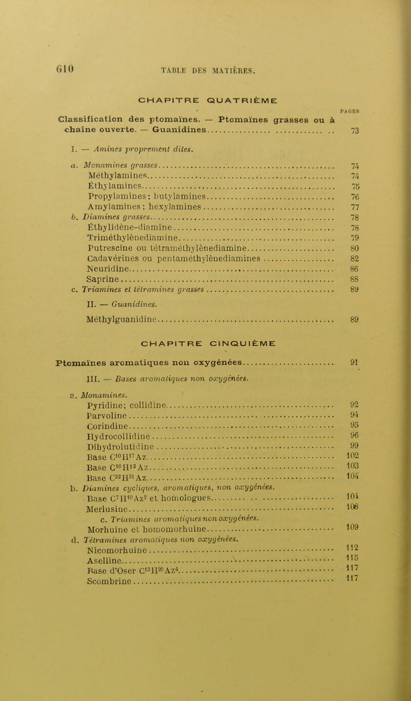 CHAPITRE QUATRIÈME PAGES Classification des ptomaïnes. — Ptomaïnes grasses ou à chaîne ouverte. — Guanidines 73 I. — Aminés prop'ement dites. a. Monamines grasses 74 Méthylamines 74 Éthjlamincs 75 Propylaroines ; bul.ylamines 76 Amylamines : hexj'lainines 77 6. Diamines grasses 78 Élhylidène-diamine 78 Triméthylènediamine 79 Putrescine ou tétraraélhylènediamine 80 Cadavérines ou pentaméthylèuediamines 82 Neuridine 86 Saprine 88 c. Triamines et télramines grasses 89 II. — Guanidines. Méthylguanidino 89 CHAPITRE CINQUIÈME Ptomaïnes aromatiques non oxygénées 91 III. — Bases aromatiques non oxygénées. a. Monamines. Pyridine; collidine 92 Parvoline 94 Corindine 93 HydrocoUidine 96 Dihydrolutidine 99 Base CIO 111'Az 102 Base C^OHi^Az 103 Base C32H31AZ 104 b. Diamines cycliques, aromatiques, non oxygénées. Base C'W°\Z' et houiologues 104 Merlusiae c. Triamines aromatiques non oxygénées. Morhuine et homomorhuine 109 d. Tétramines aromatiques non oxygénées. Nicomorhuine Aseliine ' '^ Base d'Oser G^IIsoAz'' H'^ Scombrine