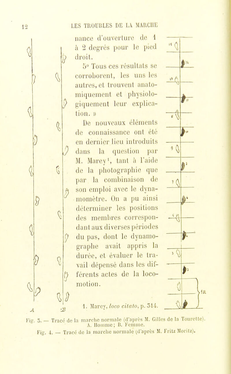 i .4 Fig. 5. Fis 8 4 LES TROUHLES DE LA MARCHE nance d'ouverture de 1 à 2 degrés pour le pied droit. 5° Tous ces résultats se corroborent, les uns les autres, et trouvent anato- miquement et physiolo- P giquement leur explica- tion. » De nouveaux éléments de connaissance ont été en dernier lieu introduits dans la question par M. Marey1, tant à l'aide de la photographie que par la combinaison de a son emploi avec le dyna- momètre. On a pu ainsi déterminer les positions des membres correspon- dant aux diverses périodes P du pas, dont le dynamo- graphe avait appris la durée, et évaluer le tra- vail dépensé dans les dif- férents actes de la loco- motion. -3 1. Marey, loco cilalo, p. 514. > V — i 0 - Tracé de la marche normale (d'après M. Gilles de la Tourette). A. Homme; B. Femme. ,1. — Tracé de la marche normale (d'après M. Fritz Morilz).