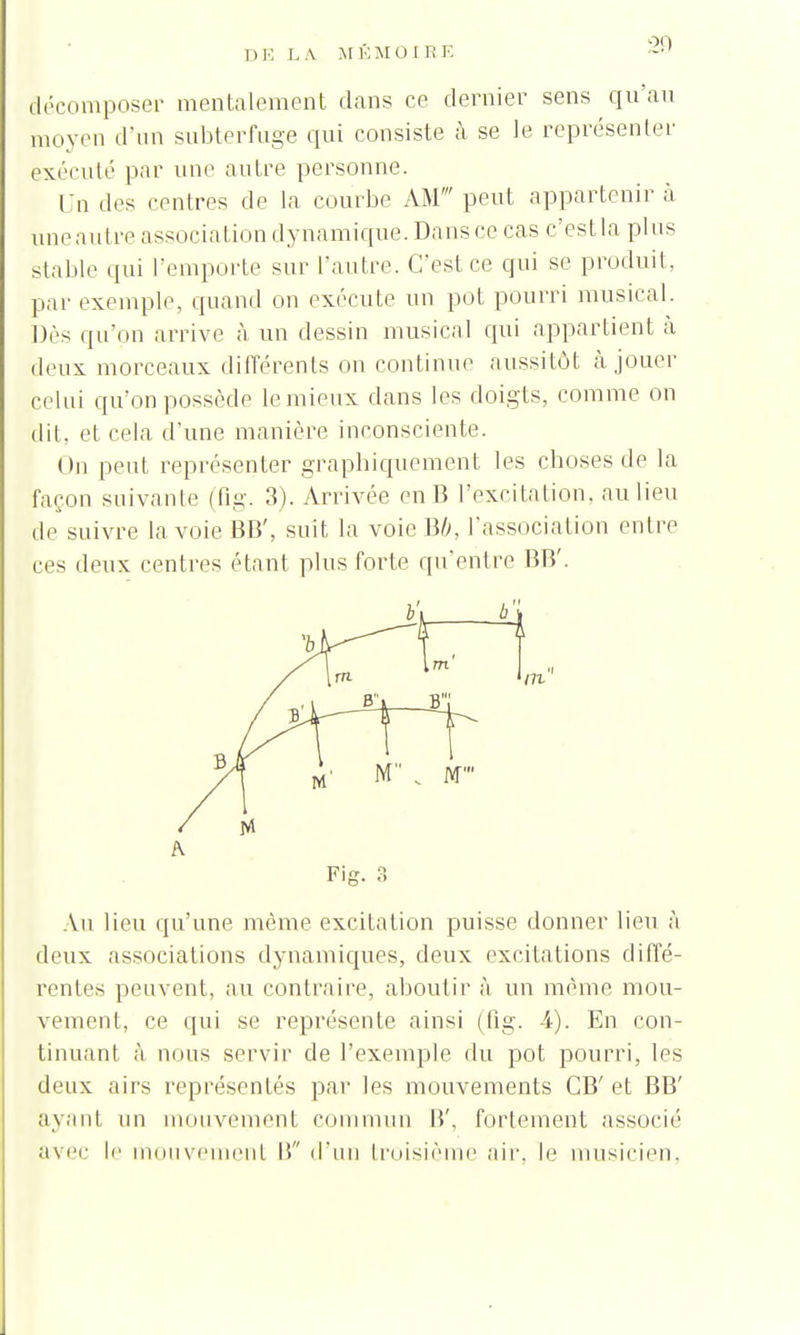 décomposer mentalement dans ce dernier sens qu'an moyen d'un subterfuge qui consiste à se le représenter exécuté par une antre personne. Un des centres de la courbe AM' peut appartenir à Sine autre association dynamique. Dans ce cas c'est la plus stable qui l'emporte sur l'autre. C'est ce qui se produit, par exemple, quand on exécute un pot pourri musical. Dès qu'on arrive à un dessin musical qui appartient à deux morceaux différents on continue aussitôt à jouer celui qu'on possède le mieux dans les doigts, comme on dit, et cela d'une manière inconsciente. Un peut représenter graphiquement les choses de la façon suivante (fig. 3). Arrivée en B l'excitation, au lieu de suivre la voie BB', suit la voie Bb, l'association entre ces ileux centres étant plus forte qu'entre BB'. Au lieu qu'une même excitation puisse donner lieu à deux associations dynamiques, deux excitations diffé- rentes peuvent, au contraire, aboutir à un même, mou- vement, ce qui se représente ainsi (fig. 4). En con- tinuant à nous servir de l'exemple du pot pourri, les deux airs représentés par les mouvements CB' et BB' a va ni un mouvement commun B', fortement associé avec monvemeiil B d'un troisième air, le musicien,