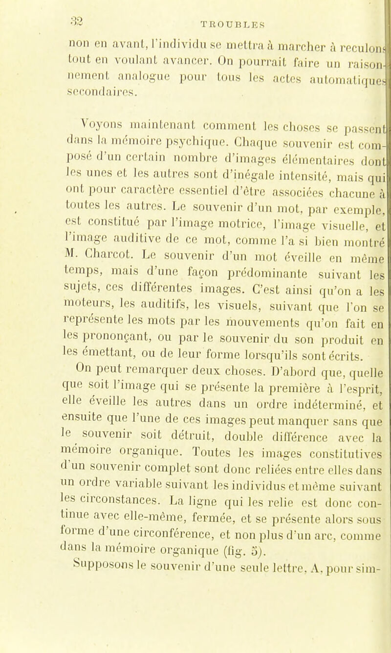 non en avant, l'individu se mettra à marcher à reculoni tout en voulant avancer. On pourrait faire un raison! nement analogue pour Ions les actes automatique! secondaires. Voyons maintenant comment les choses se passent! dans la mémoire psychique. Chaque souvenir est com- posé d'un certain nombre d'images élémentaires dont les unes et les autres sont d'inégale intensité, mais qui ont pour caractère essentiel d'être associées chacune à toutes les autres. Le souvenir d'un mot, par exemple, est constitué par l'image motrice, l'image visuelle, et l'image auditive de ce mot, comme l'a si bien montré M. Charcot. Le souvenir d'un mot éveille en même temps, mais d'une façon prédominante suivant les sujets, ces différentes images. C'est ainsi qu'on a les moteurs, les auditifs, les visuels, suivant que Ion se représente les mots par les mouvements qu'on fait en les prononçant, ou par le souvenir du son produit en les émettant, ou de leur forme lorsqu'ils sont écrits. On peut remarquer deux choses. D'abord que, quelle que soit l'image qui se présente la première à l'esprit, elle éveille les autres dans un ordre indéterminé, et ensuite que l'une de ces images peut manquer sans que le ^ souvenir soit détruit, double différence avec la mémoire organique. Toutes les images constitutives d'un souvenir complet sont donc reliées entre elles dans un ordre variable suivant les individus et même suivant les circonstances. La ligne qui les relie est donc con- tinue avec elle-même, fermée, et se présente alors sous forme d'une circonférence, et non plus d'un arc, comme dans la mémoire organique (fig. o). Supposons le souvenir d'une seule lettre, A. pour sim-