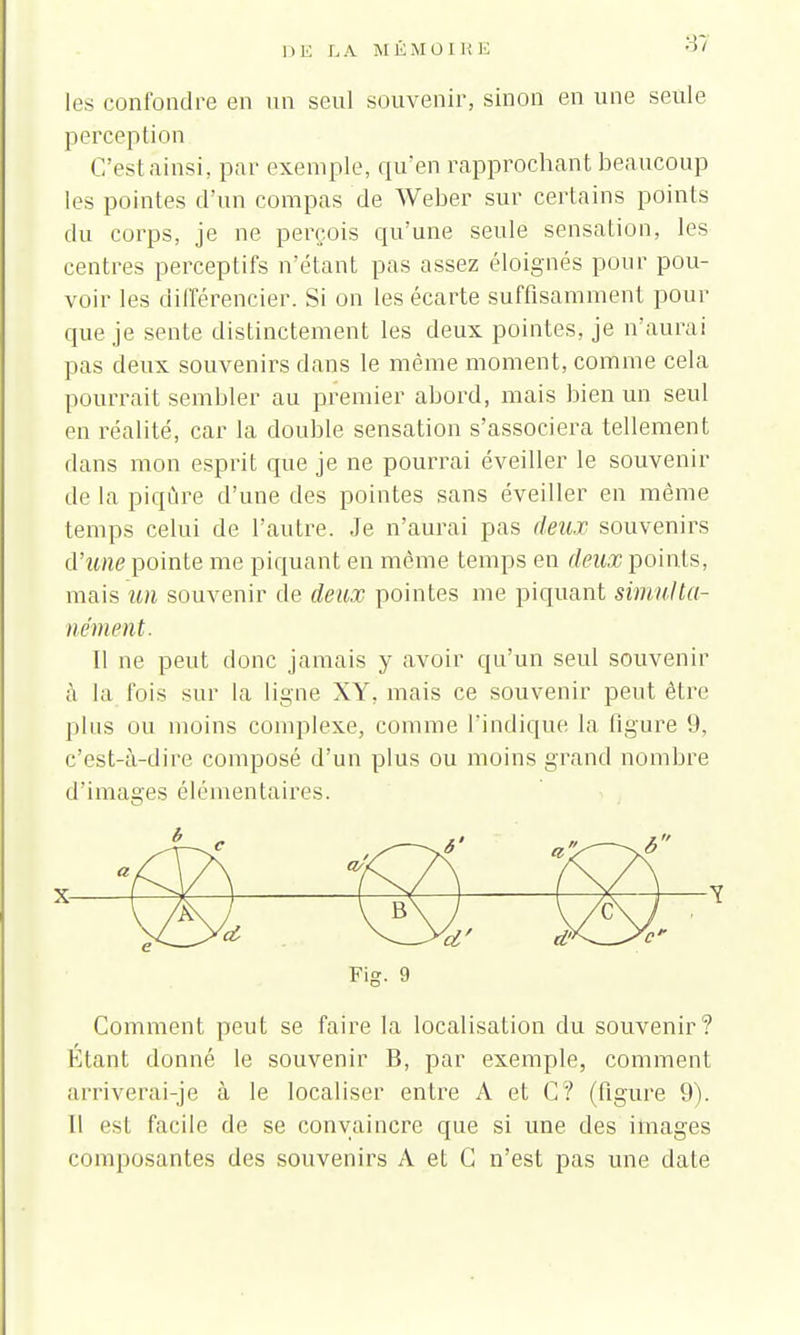 les confondre en un seul souvenir, sinon en une seule perception C'est ainsi, par exemple, qu'en rapprochant beaucoup les pointes d'un compas de Weber sur certains points du corps, je ne perçois qu'une seule sensation, les centres perceptifs n'étant pas assez éloignés pour pou- voir les différencier. Si on les écarte suffisamment pour que je sente distinctement les deux pointes, je n'aurai pas deux souvenirs dans le même moment, comme cela pourrait sembler au premier abord, mais bien un seul en réalité, car la double sensation s'associera tellement dans mon esprit que je ne pourrai éveiller le souvenir de la piqûre d'une des pointes sans éveiller en même temps celui de l'autre. Je n'aurai pas deux souvenirs d'une pointe me piquant en même temps en deux points, mais un souvenir de deux pointes me piquant simulta- nément. Il ne peut donc jamais y avoir qu'un seul souvenir à la fois sur la ligne XY, mais ce souvenir peut être plus ou moins complexe, comme l'indique la figure 9, c'est-à-dire composé d'un plus ou moins grand nombre d'images élémentaires. Y Fig. 9 Comment peut se faire la localisation du souvenir? Étant donné le souvenir B, par exemple, comment arriverai-je à le localiser entre A et C? (figure 9). Il est facile de se convaincre que si une des images composantes des souvenirs A et C n'est pas une date