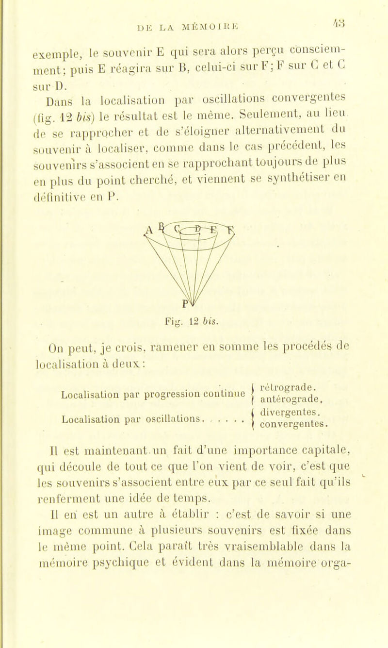 DE LA MÉMOIRE /<-~> exemple, le souvenir E qui sera alors perçu consciem- ment; puis E réagira sur B, celui-ci sur F; F sur G et G sur D. Dans la localisation par oscillations convergentes (lig. 12 bis) le résultat est le même. Seulement, au lieu de se rapprocher et de s'éloigner alternativement du souvenir à localiser, comme clans le cas précédent, les souvenirs s'associent en se rapprochant toujours de plus en plus du point cherché, et viennent se synthétiser en définitive en P. On peut, je crois, ramener en somme les procédés de localisation à deux. : l rétrograde. Localisation par progression continue j aQtérograde, ,. i■ .i, .• ( divergentes. Localisation par oscillations j convergentes. Il est maintenant.un l'ait, d'une importance capitale, qui découle de tout ce que l'on vient de voir, c'est que les souvenirs s'associent entre eux par ce seul fait qu'ils renferment une idée de temps. 11 en est un autre à établir : c'est de savoir si une image commune à plusieurs souvenirs est fixée dans li' même point. Gela parait très vraisemblable dans la mémoire psychique et évident dans la mémoire orga-