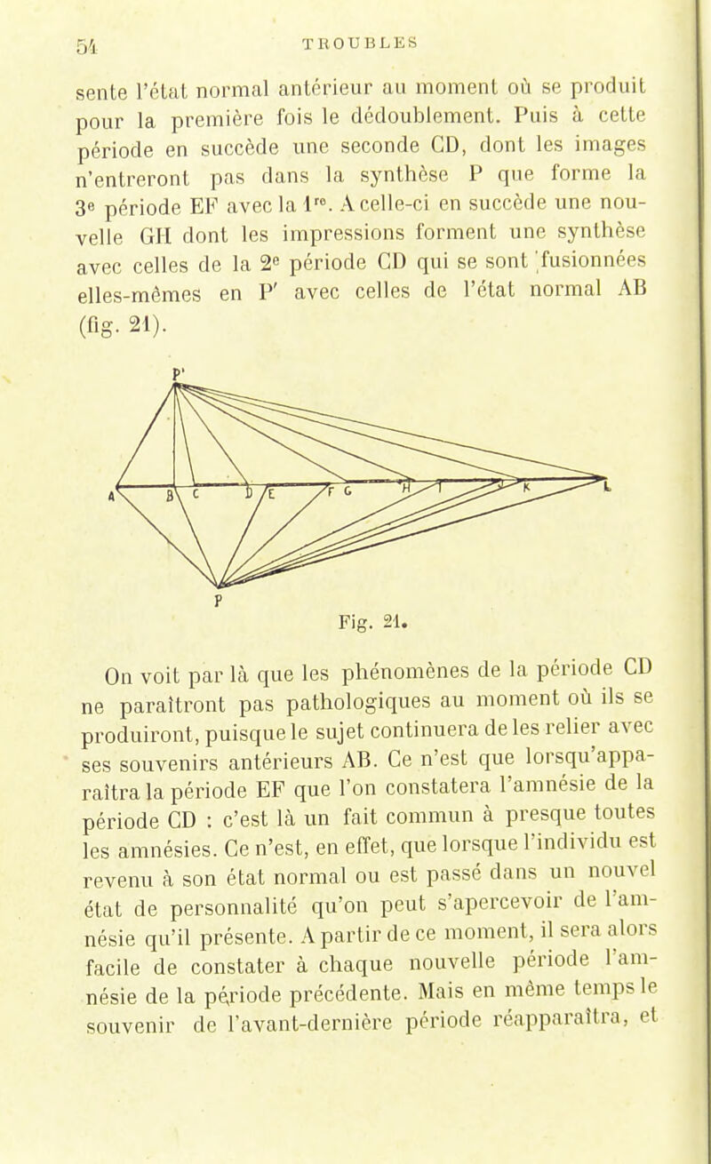 sente l'état normal antérieur au moment où se produit pour la première fois le dédoublement. Puis à cette période en succède une seconde CD, dont les images n'entreront pas dans la synthèse P que forme la 3e période EF avec la lre. A celle-ci en succède une nou- velle GH dont les impressions forment une synthèse avec celles de la 2e période CD qui se sont 'fusionnées elles-mêmes en P' avec celles de l'état normal AB (fig. 21). Fig. 21. On voit par là que les phénomènes de la période CD ne paraîtront pas pathologiques au moment où ils se produiront, puisque le sujet continuera de les relier avec ses souvenirs antérieurs AB. Ce n'est que lorsqu'appa- raitra la période EF que l'on constatera l'amnésie de la période CD : c'est là un fait commun à presque toutes les amnésies. Ce n'est, en effet, que lorsque l'individu est revenu à son état normal ou est passé dans un nouvel état de personnalité qu'on peut s'apercevoir de l'am- nésie qu'il présente. A partir de ce moment, il sera alors facile de constater à chaque nouvelle période l'am- nésie de la période précédente. Mais en même temps le souvenir de l'avant-dernière période réapparaîtra, et