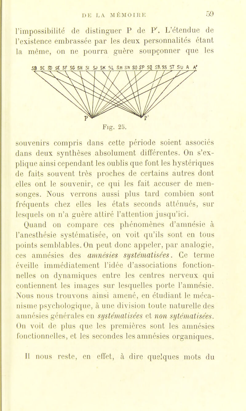 l'impossibilité de distinguer P de P'. L'étendue de l'existence embrassée par les deux personnalités étant la même, on ne pourra guère soupçonner que les SB SC SD :>£ Sf S& SH 51 $•> SK 5L Sffl SN SO SP SQ SF.SS ST Su A A' F)g. 25. souvenirs compris dans cette période soient associés dans deux synthèses absolument différentes. On s'ex- plique ainsi cependant les oublis que font les hystériques de faits souvent très proches de certains autres dont elles ont le souvenir, ce qui les fait accuser de men- songes. Nous verrons aussi plus tard combien sont fréquents chez elles les états seconds atténués, sur lesquels on n'a guère attiré l'attention jusqu'ici. Quand on compare ces phénomènes d'amnésie à l'anesthésie systématisée, on voit qu'ils sont en tous points semblables. On peut donc appeler, par analogie, ces amnésies des amnésies systématisées. Ce terme éveille immédiatement l'idée d'associations fonction- nelles on dynamiques entre les centres nerveux qui contiennent les images sur lesquelles porte l'amnésie. Nous nous trouvons ainsi amené, en étudiant le méca- nisme psychologique, à une division toute naturelle des amnésies générales eu systématisées et non sytématisées. On voit di' plus que les premières sont les amnésies fonctionnelles, et les secondes les amnésies organiques. Il nous reste, en effet, à dire quelques mots du