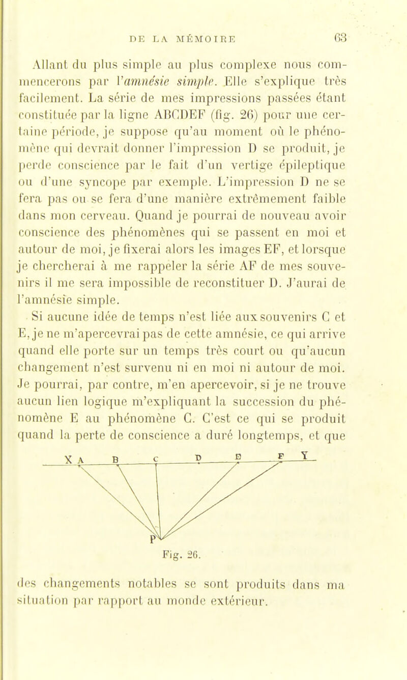 Allant du plus simple au plus complexe nous com- mencerons par l'amnésie simple. Elle s'explique très facilement. La série de mes impressions passées étant constituée par la ligne ÀBCDEF (fi g. 26) pour une cer- taine période, je suppose qu'au moment où le phéno- mène qui devrait donner l'impression D se produit, je perde conscience par le fait d'un vertige épileptique ou d'une syncope par exemple. L'impression D ne se fera pas ou se fera d'une manière extrêmement faible dans mon cerveau. Quand je pourrai de nouveau avoir conscience des phénomènes qui se passent en moi et autour de moi, je fixerai alors les images EF, et lorsque je chercherai à me rappeler la série AF de mes souve- nirs il me sera impossible de reconstituer D. J'aurai de l'amnésie simple. Si aucune idée de temps n'est liée aux souvenirs C et E, je ne m'apercevrai pas de cette amnésie, ce qui arrive quand elle porte sur un temps très court ou qu'aucun changement n'est survenu ni en moi ni autour de moi. Je pourrai, par contre, m'en apercevoir, si je ne trouve aucun lien logique m'expliquant la succession du phé- nomène E au phénomène G. C'est ce qui se produit quand la perte de conscience a duré longtemps, et cpie des changements notables se sont produits dans ma situation par rapport au monde extérieur.