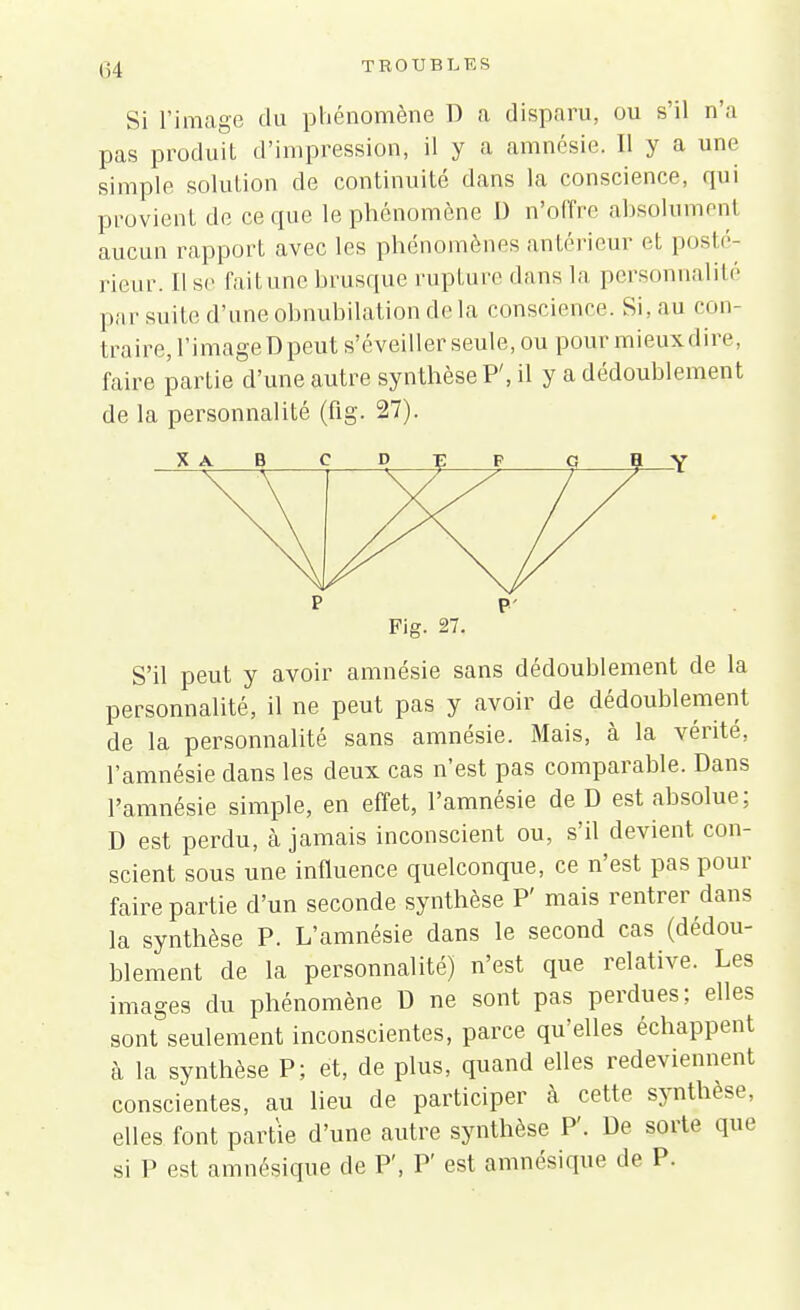 Si l'image du phénomène D a disparu, ou s'il n'a pas produit d'impression, il y a amnésie. Il y a une simple solution de continuité dans la conscience, qui provient de ce que le phénomène D n'offre absolument aucun rapport avec les phénomènes antérieur et posté- rieur. Il se faitune brusque rupture dans la personnalité par suite d'une obnubilation de la conscience. Si,au con- traire, l'imageDpeut s'éveiller seule, ou pour mieux dire, faire partie d'une autre synthèse P', il y a dédoublement de la personnalité (fig. 27). S'il peut y avoir amnésie sans dédoublement de la personnalité, il ne peut pas y avoir de dédoublement de la personnalité sans amnésie. Mais, à la vérité, l'amnésie dans les deux cas n'est pas comparable. Dans l'amnésie simple, en effet, l'amnésie de D est absolue; D est perdu, à jamais inconscient ou, s'il devient con- scient sous une influence quelconque, ce n'est pas pour faire partie d'un seconde synthèse P' mais rentrer dans la synthèse P. L'amnésie dans le second cas (dédou- blement de la personnalité) n'est que relative. Les images du phénomène D ne sont pas perdues; elles sont seulement inconscientes, parce qu'elles échappent à la synthèse P; et, de plus, quand elles redeviennent conscientes, au lieu de participer à cette synthèse, elles font partie d'une autre synthèse P'. De sorte que si P est amnésique de P', P' est amnésique de P.