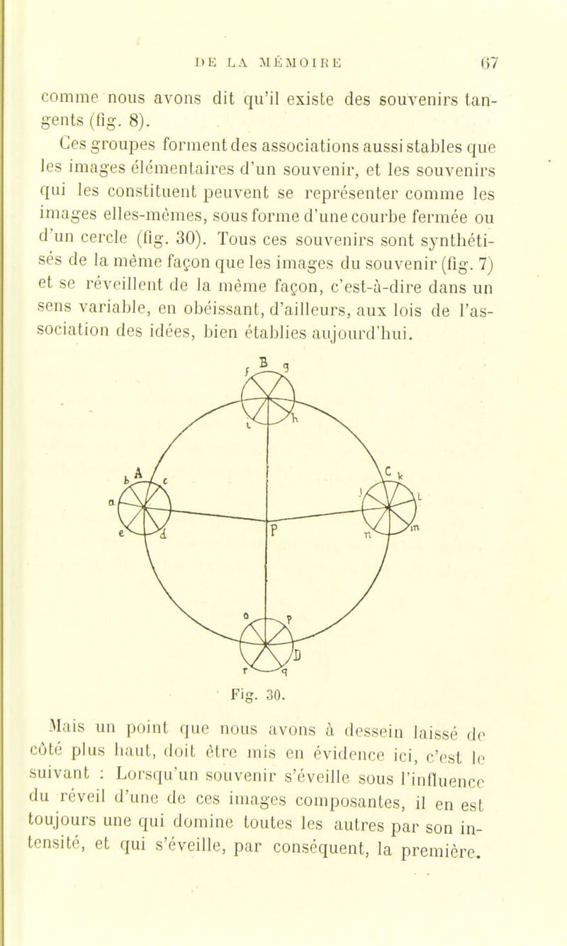 comme nous avons dit qu'il existe des souvenirs tan- gents (fig. 8). Ces groupes forment des associations aussi stables que les images élémentaires d'un souvenir, et les souvenirs qui les constituent peuvent se représenter comme les images elles-mêmes, sous forme d'une courbe fermée ou d'un cercle (fig. 30). Tous ces souvenirs sont synthéti- sés de la même façon que les images du souvenir (fig. 7) et se réveillent de la même façon, c'est-à-dire dans up sens variable, en obéissant, d'ailleurs, aux lois de l'as- sociation des idées, bien établies aujourd'hui. Mais un point que nous avons à dessein laissé de côté plus haut, doit être mis en évidence ici, c'est le suivant : Lorsqu'un souvenir s'éveille sous l'influence du réveil d'une de ces images composantes, il en est toujours une qui domine toutes les autres par son in- tensité, et qui s'éveille, par conséquent, la première.