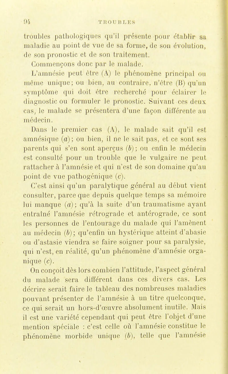 troubles pathologiques qu'il présente pour établir su maladie au point de vue de sa forme, de son évolution, de son pronostic et de son traitement. Commençons donc par le malade. L'amnésie peut être (A) le phénomène principal ou même unique; ou bien, au contraire, n'être (B) qu'un symptôme qui doit être recherché pour éclairer le diagnostic ou formuler le pronostic. Suivant ces deux cas, le malade se présentera d'une façon différente au médecin. Dans le premier cas (A), le malade sait qu'il est amnésique (a); ou bien, il ne le sait pas, et ce sont ses parents qui s'en sont aperçus (b); ou enfin le médecin est consulté pour un trouble que le vulgaire ne peut rattacher à l'amnésie et qui n'est de son domaine qu'au point de vue pathogénique (c). C'est ainsi qu'un paralytique général au début vient consulter, parce que depuis quelque temps sa mémoire lui manque (a) ; qu'à la suite d'un traumatisme ayant entraîné l'amnésie rétrograde et antérograde, ce sont les personnes de l'entourage du malade qui l'amènent au médecin (b); qu'enfin un hystérique atteint d'abasie ou d'astasie viendra se faire soigner pour sa paralysie, qui n'est, en réalité, qu'un phénomène d'amnésie orga- nique (c). On conçoit dès lors combien l'attitude, l'aspect général du malade sera différent clans ces divers cas. Les décrire serait faire le tableau des nombreuses maladies pouvant présenter de l'amnésie à un titre quelconque, ce qui serait un hors-d'œuvre absolument inutile. Mais il est une variété cependant qui peut être l'objet d'une mention spéciale : c'est celle où l'amnésie constitue le phénomène morbide unique [b), telle que l'amnésie