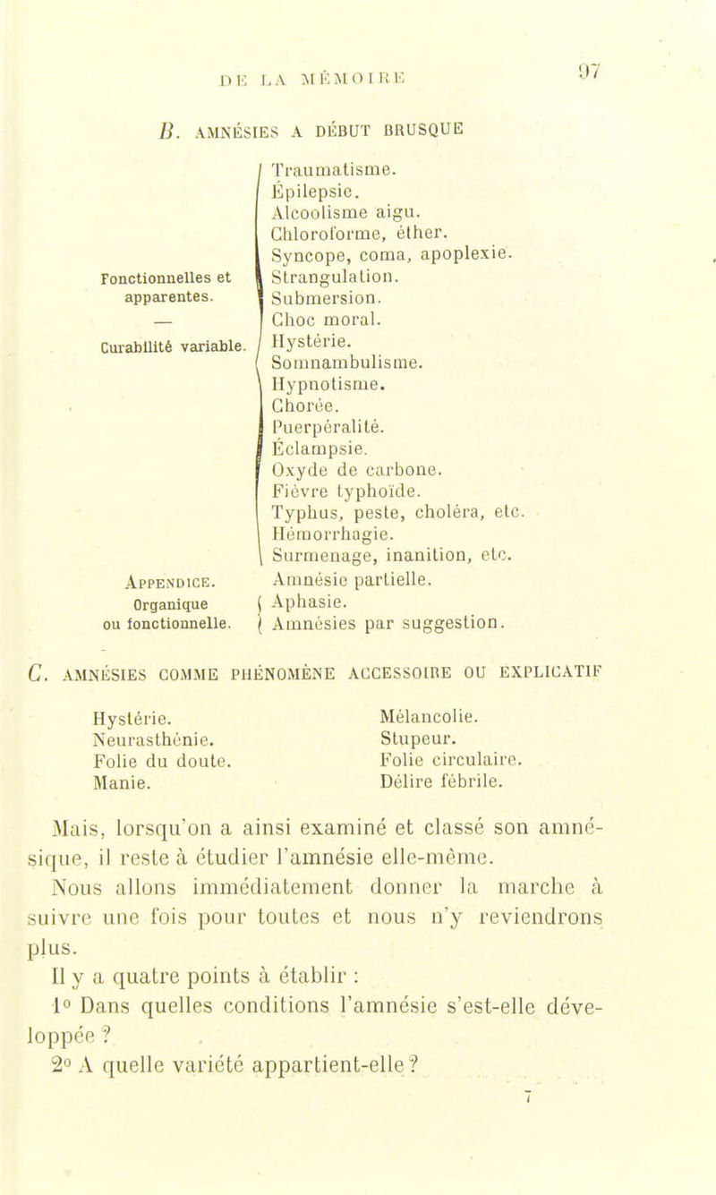 |i E LA M ËM O: RE B. AMNÉSIES A DÉBUT BRUSQUE Fonctionnelles et apparentes. Curabillté variable. Appendice. Organique ou fonctionnelle. Traumatisme. Épilepsie. Alcoolisme aigu. Chloroforme, éther. Syncope, coma, apoplexie. Strangulation. Submersion. Choc moral. Hystérie. Somnambulisme. Hypnotisme. Chorée. Puerpéralité. Éclampsie. Oxyde de carbone. Fièvre typhoïde. Typhus, peste, choléra, etc. Hémorrhagie. \ Surmenage, inanition, etc. Amnésie partielle. Aphasie. Amnésies par suggestion. C. AMNÉSIES COMME PHÉNOMÈNE ACCESSOIRE OU EXPLICATIF Hystérie. Neurasthénie. Folie du doute. Manie. Mélancolie. Stupeur. Folie circulaire. Délire fébrile. Mais, lorsqu'on a ainsi examiné et classé son amné- sique, il reste à étudier l'amnésie elle-même. Nous allons immédiatement donner la marche h suivre une fois pour toutes et nous n'y reviendrons plus. Il y a quatre points à établir : 1° Dans quelles conditions l'amnésie s'est-elle déve- loppée ;' 2° A quelle variété appartient-elle?