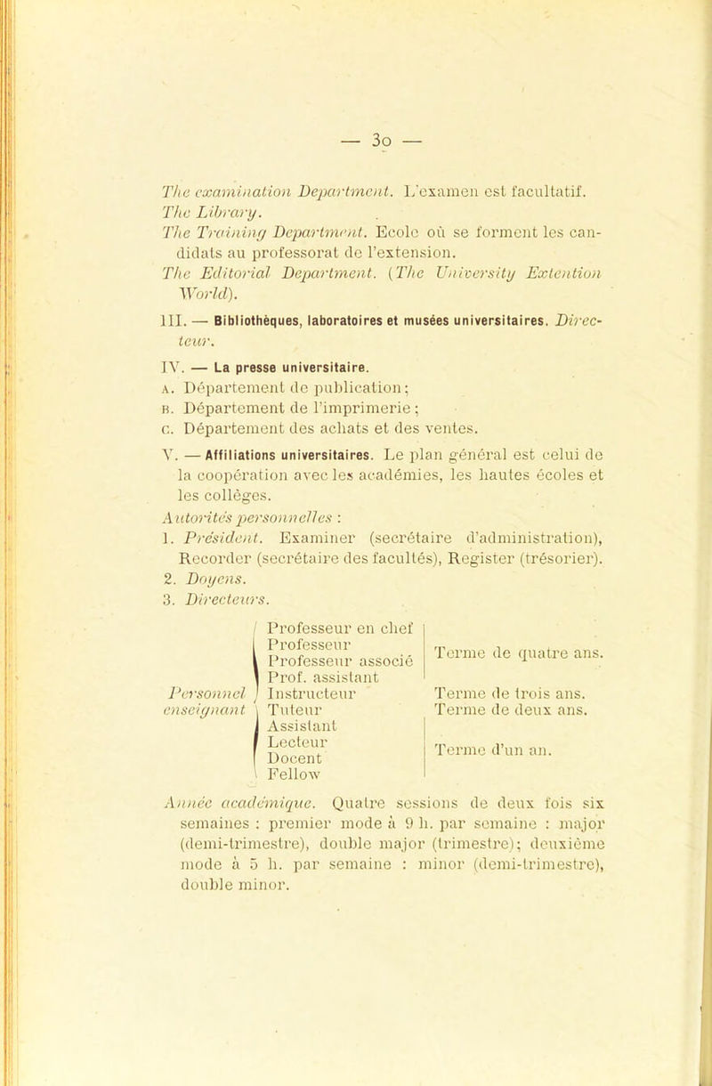 The cxaniination Department. L'examen est facultatif. The Lihrary. The Troininy Departnamt. Ecolo où se forment les can- didats au professorat de l’extension. The Editorial Department. [The Universiti/ Extentiun World). III. — Bibliothèques, laboratoires et musées universitaires. Direc- teur. IV. — La presse universitaire. A. Département de publication; B. Département de l’imprimerie ; G. Département des achats et des ventes. V. —Affiliations universitaires. Le plan général est celui de la coopération avec les académies, les hautes écoles et les collèges. A utorites ]}ersonnelles : 1. Président. Examiner (secrétaire d’administration), Recorder (secrétaire des facultés), Register (trésorier). 2. Doyens. 3. Directeurs. innée académique. Quatre sessions de deux fois six semaines : premier mode à 9 li. par semaine : major (demi-trimestre), double major (trimestre); deuxième mode à 5 h. par semaine : minor (demi-trimestre), double minor. Professeur en chef f Lecteur I Docent ' Fellow Terme de (luatre ans. Tenue de trois ans. Terme de deux ans. Terme d’un an.