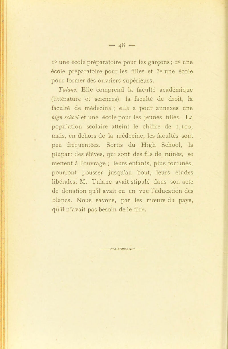 1° une école préparatoire pour les garçons; 2° une école préparatoire pour les filles et 3° une école pour former des ouvriers supérieurs. Tulaiie. Elle comprend la faculté académique (littérature et sciences), la faculté de droit, la faculté de médecins ; élis a pour annexes une high school et une école pour les jeunes filles. La population scolaire atteint le chiffre de i,ioo, mais, en dehors de la médecine, les facultés sont peu fréquentées. Sortis du High School, la plupart des élèves, qui sont des fils de ruinés, se mettent à l’ouvrage ; leurs enfants, plus fortunés, pourront pousser jusqu’au bout, leurs études libérales, M. Tulane avait stipulé dans son acte de donation qu’il avait eu en vue l’éducation des blancs. Nous savons, par les mœurs du pays, qu’il n’avait pas besoin de le dire.