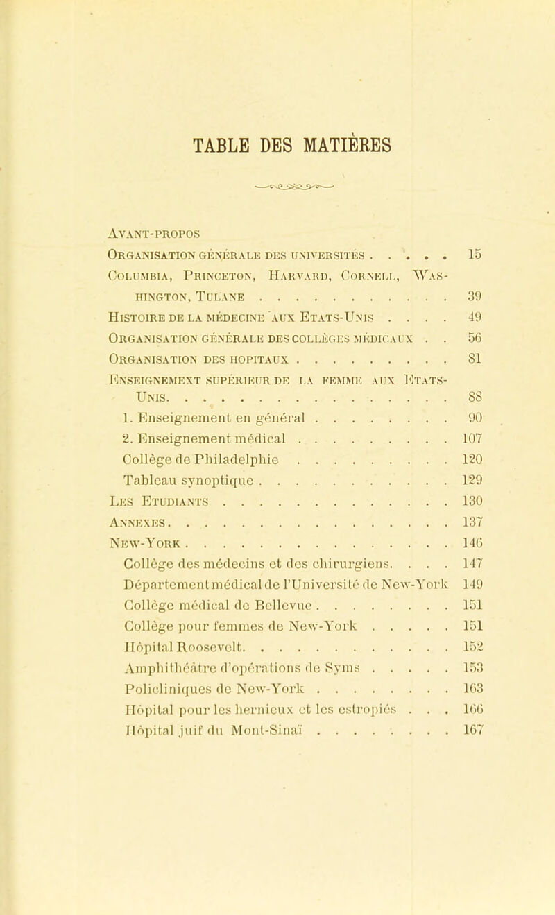 TABLE DES MATIÈRES Avant-propos Organisation génrrai.h des universités 15 Columbia, Princeton, Harvard, Cornei.l, 'Was- hington, Tulane 39 Histoire de LA MÉDECINE AUX Etats-Unis .... 49 ORG.ANISATION GÉNÉRALE DES COLLÈGES MÉDICAUX . . 56 Organisation des hôpitaux 81 EnSEIGNEMEXT .SUPÉRIEUR DE LA FEMME AUX Et.ATS- Unis SS 1. Enseignement en général 90 2. Enseignement médical 107 Collège de Philadelphie 120 Tableau synoptique 129 Les Etudiants 130 Annexes 137 New-York 146 Collège des médecins et des chirurgiens. . . . 147 Département médical de l’Uni versi lé de New-York 149 Collège médical de Bellevue 151 Collège pour femmes de New-York 151 Hôpital Roosevelt 152 Amphithéâtre d’opérations de Synis 153 Policliniques de New-York 163 Hôpital pour les liernieux et les eslrojiiés . . . 1()6 Hôpital juif du Monl-Sinaï 167