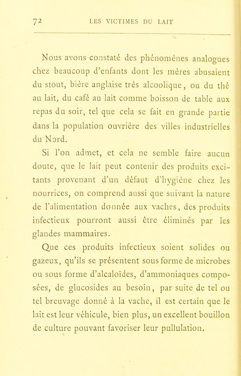 Nous avons constaté des phénomènes analogues chez beaucoup d'enfants dont les mères abusaient du stout, bière anglaise très alcoolique, ou du thé au lait^ du café au lait comme boisson de table aux repas du soir, tel que cela se fait en grande partie dans la population ouvrière des villes industrielles du Nord. Si l'on admet, et cela ne semble faire aucun doute, que le lait peut contenir des produits exci- tants provenant d'un défaut d'hygiène chez les nourrices, on comprend aussi que suivant la nature de l'alimentation donnée aux vaches, des produits infectieux pourront aussi être éliminés par les glandes mammaires. Que ces produits infectieux soient solides ou gazeux, qu'ils se présentent sous forme de microbes ou sous forme d'alcaloïdes, d'ammoniaques compo- sées, de glucosides au besoin, par suite de tel ou tel breuvage donné à la vache, il est certain que le lait est leur véhicule, bien plus, un excellent bouillon de culture pouvant favoriser leur pullulation.