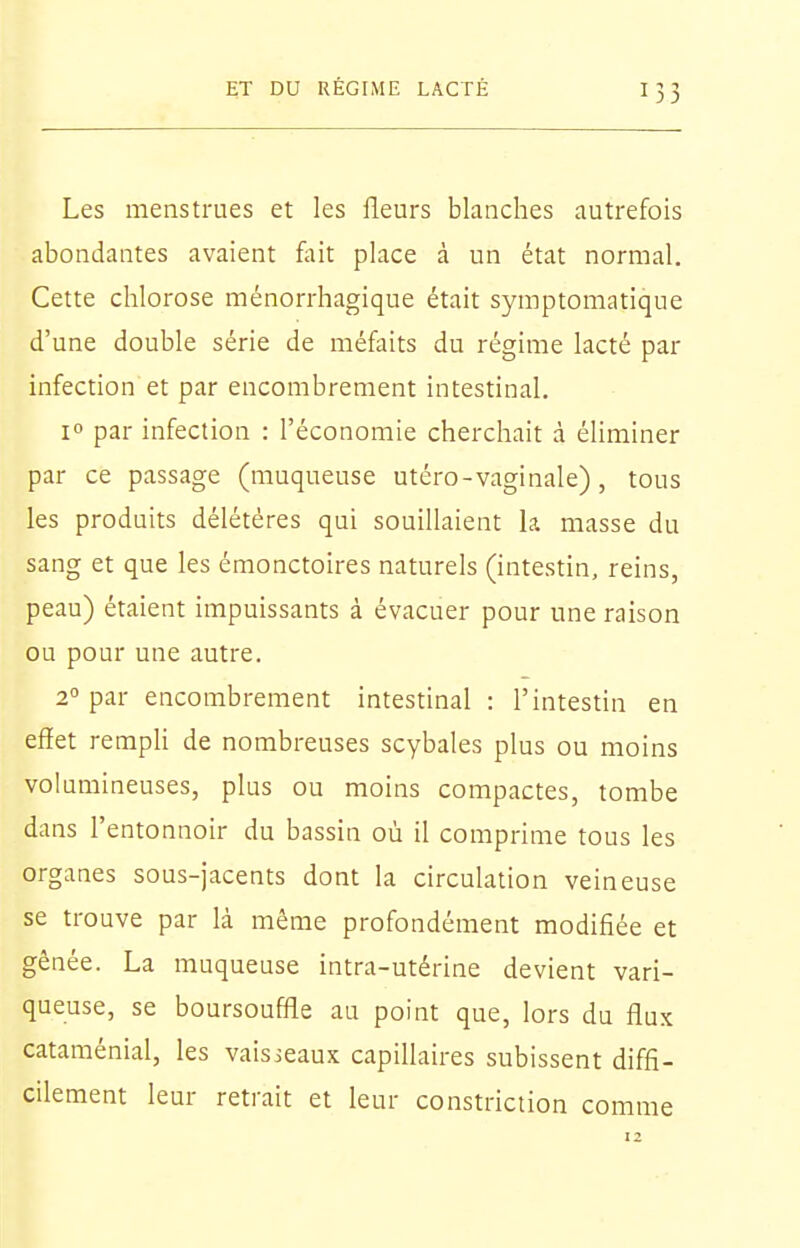 Les menstrues et les fleurs blanches autrefois abondantes avaient fiiit place à un état normal. Cette chlorose ménorrhagique était syraptomatique d'une double série de méfaits du régime lacté par infection et par encombrement intestinal. 1° par infection : l'économie cherchait à éliminer par ce passage (muqueuse utéro-vaginale), tous les produits délétères qui souillaient la masse du sang et que les émonctoires naturels (intestin, reins, peau) étaient impuissants à évacuer pour une raison ou pour une autre. 2 par encombrement intestinal : l'intestin en effet rempli de nombreuses scybales plus ou moins volumineuses, plus ou moins compactes, tombe dans l'entonnoir du bassin où il comprime tous les organes sous-jacents dont la circulation veineuse se trouve par là même profondément modifiée et gênée. La muqueuse intra-utérine devient vari- queuse, se boursouffle au point que, lors du flux cataménial, les vaisseaux capillaires subissent diffi- cilement leur retrait et leur constriction comme