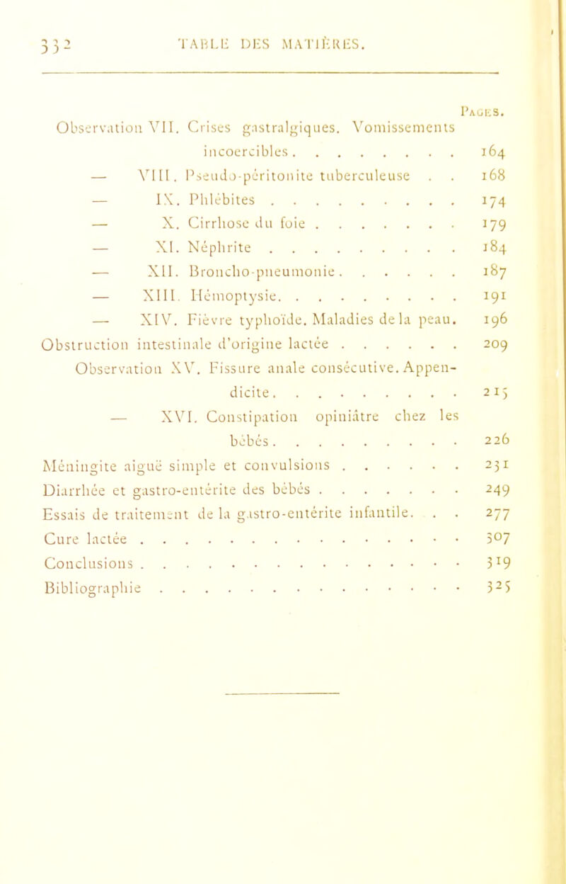 Obscrvatiou VII. Crisus gnstralgiques. Yomissenieius incoercibles 164 — l'-.euJ)-pcritoiiilo tuberculeuse . . 16H — I\. Plilebites J74 — X. Cirrhose du fuie 179 — XI. Néphrite 184 — XII. Bronclio-pneumonie 187 — XIII. Hémoptysie 191 — XIV. Fièvre typhoïde. Maladies de la peau. 196 Obstruction intestinale il'origine lactée 209 Observation .KV. Fissure anale consécutive. Appen- dicite 215 — XVI. Constipation opiniâtre chez les bébés 226 Méningite aiguë simple et convulsions 231 Diarrhée et gastro-entérite des bébés 249 Essais de traitement de la g.isiro-eutérite infantile. . . 277 Cure lactée 507 Conclusions 319 Bibliographie 5-5