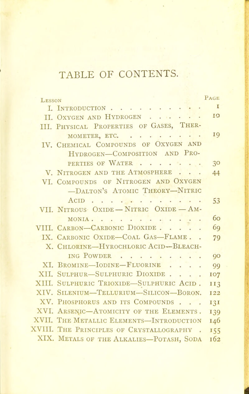 TABLE OF CONTENTS. Lesson Page I. Introduction 1 II. Oxygen and Hydrogen *o III. Physical Properties of Gases, Ther- mometer, etc l9 IV. Chemical Compounds of Oxygen and Hydrogen—Composition and Pro- perties of Water 30 V. Nitrogen and the Atmosphere ... 44 VI. Compounds of Nitrogen and Oxygen —Dalton's Atomic Theory—Nitric Acid 53 VII. Nitrous Oxide — Nitric Oxide—Am- monia 60 VIII. Carbon—Carbonic Dioxide 69 IX. Carbonic Oxide—Coal Gas—Flame . . 79 X. Chlorine—Hyrochloric Acid—Bleach- ing Powder 90 XI. Bromine—Iodine—Fluorine .... 99 XII. Sulphur—Sulphuric Dioxide .... 107 XIII. Sulphuric Trioxide—Sulphuric Acid . 113 XIV. Silenium—Tellurium—Silicon—Boron. 122 XV. Phosphorus and its Compounds . . . 131 XVI. Arsenic—Atomicity of the Elements . 139 XVII. The Metallic Elements—Introduction 146 XVIII. The Principles of Crystallography . 155 XIX. Metals of the Alkalies—Potash, Soda 162 4