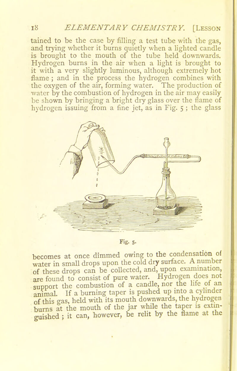 tained to be the case by filling a test tube with the gas, and trying whether it burns quietly when a lighted candle is brought to the mouth of the tube held downwards. Hydrogen burns in the air when a light is brought to it with a very slightly luminous, although extremely hot flame ; and in the process the hydrogen combines with the oxygen of the air, forming water. The production of water by the combustion of hydrogen in the air may easily be shown by bringing a bright dry glass over the flame of hydrogen issuing from a fine jet, as in Fig. 5 ; the glass Fig. 5. becomes at once dimmed owing to the condensation of water in small drops upon the cold dry surface. A number of these drops can be collected, and, upon examination, are found to consist of pure water. Hydrogen does not support the combustion of a candle, nor the life of an animal. If a burning taper is pushed up into a cylinder of this gas, held with its mouth downwards, the hydrogen burns at the mouth of the jar while the taper is extin- guished ; it can, however, be relit by the flame at the