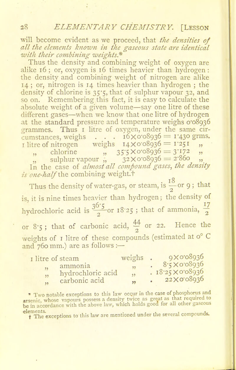will become evident as we proceed, that the densities of all the ele7nents known in the gaseous state are identical with their combining weights?1' Thus the density and combining weight of oxygen are alike 16 ; or, oxygen is 16 times heavier than hydrogen: the density and combining weight of nitrogen are alike 14 ; or, nitrogen is 14 times heavier than hydrogen ; the density of chlorine is 35*5, that of sulphur vapour 32, and so on. Remembering this fact, it is easy to calculate the absolute weight of a given volume—say one litre of these different gases—when we know that one litre of hydrogen at the standard pressure and temperature weighs o,o8936 grammes. Thus 1 litre of oxygen, under the same cir- cumstances, weighs . . . 16x0-08936 = 1-430 grms. 1 litre of nitrogen weighs 14x0-08936=1-251 „ „ chlorine „ 35-5X0-08936 = 3-172 „ „ sulphur vapour „ 32X0-08936 = 2-860 „ In the case of almost all compound gases, the density is one-half the combining weight.t • 18 Thus the density of water-gas, or steam, is —or 9 ; that is, it is nine times heavier than hydrogen; the density of 36-5 „ ■ l7 hydrochloric acid is -—or 18 25 ; that of ammonia, — or 8-5 ; that of carbonic acid, ~ or 22. Hence the weights of 1 litre of these compounds (estimated at o° C and 760 mm.) are as follows :— 1 litre of steam weighs . 9X0*08936 „ ammonia „ . 8-5X0-08936 „ hydrochloric acid „ .18-25x0-08936 „ carbonic acid „ . 22X0-08936 * Two notable exceptions to this law occur in the case of phosphorus and arsenic whose vapours possess a density twice as great as that required to be in accordance with the above law, which holds good for all other gaseous ♦rte exceptions to this law are mentioned under the several compounds.