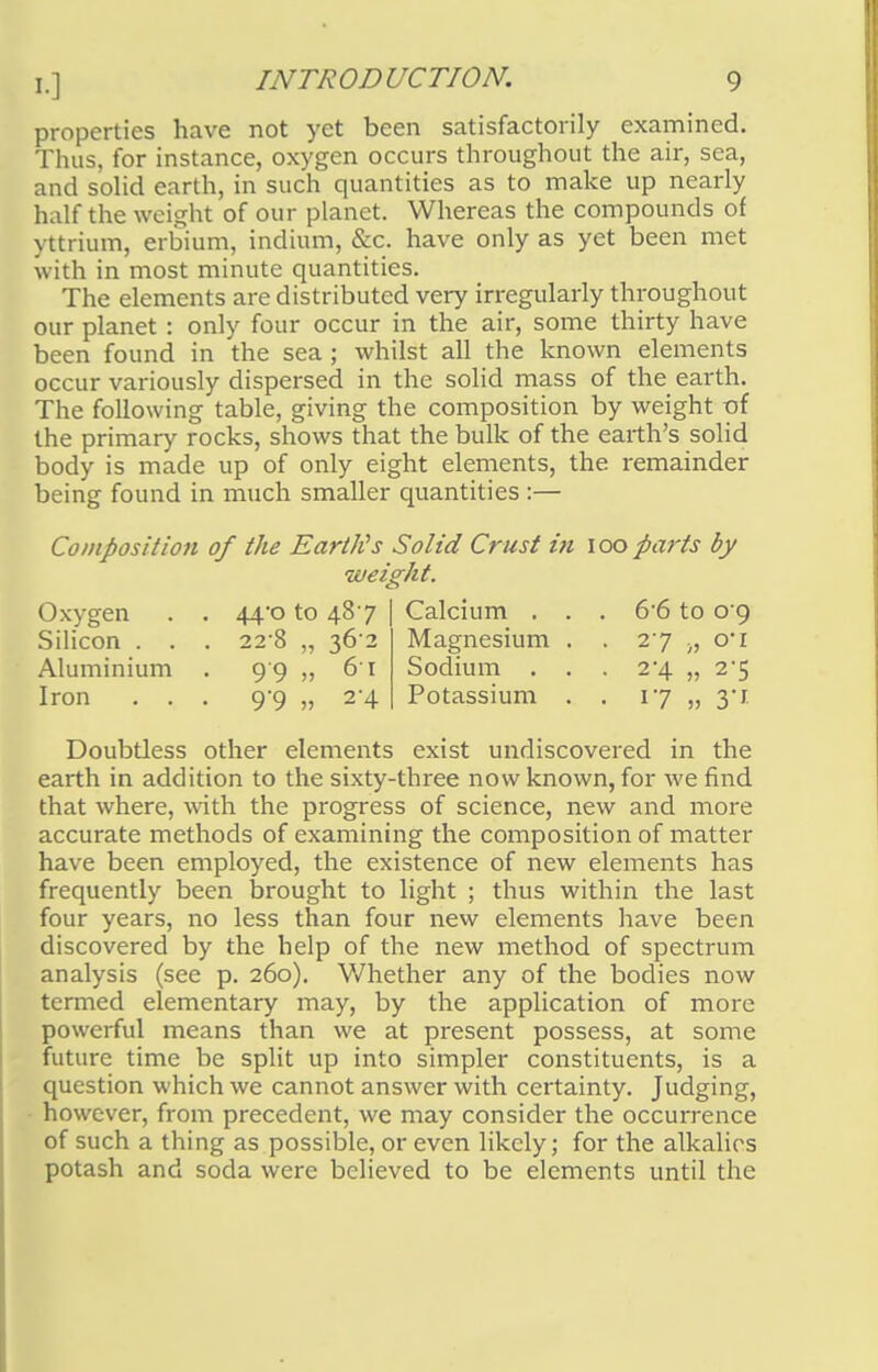 properties have not yet been satisfactorily examined. Thus, for instance, oxygen occurs throughout the air, sea, and solid earth, in such quantities as to make up nearly half the weight of our planet. Whereas the compounds of yttrium, erbium, indium, &c. have only as yet been met with in most minute quantities. The elements are distributed very irregularly throughout our planet : only four occur in the air, some thirty have been found in the sea ; whilst all the known elements occur variously dispersed in the solid mass of the earth. The following table, giving the composition by weight pf the primary rocks, shows that the bulk of the earth's solid body is made up of only eight elements, the remainder being found in much smaller quantities :— Composition of the Earth's Solid Crust iti 100 parts by weight. Oxygen . . 44*0 to 487 Calcium . . . 6-6 to 0-9 Silicon . . . 22-8 „ 362 Magnesium . . 27 „ o'l Aluminium . 99 „ 61 Sodium ... 2-4 „ 2-5 Iron ... 9-9 „ 2'4 Potassium . . 17 „ 3*1 Doubtless other elements exist undiscovered in the earth in addition to the sixty-three now known, for we find that where, with the progress of science, new and more accurate methods of examining the composition of matter have been employed, the existence of new elements has frequently been brought to light ; thus within the last four years, no less than four new elements have been discovered by the help of the new method of spectrum analysis (see p. 260). Whether any of the bodies now termed elementary may, by the application of more powerful means than we at present possess, at some future time be split up into simpler constituents, is a question which we cannot answer with certainty. Judging, however, from precedent, we may consider the occurrence of such a thing as possible, or even likely; for the alkalies potash and soda were believed to be elements until the
