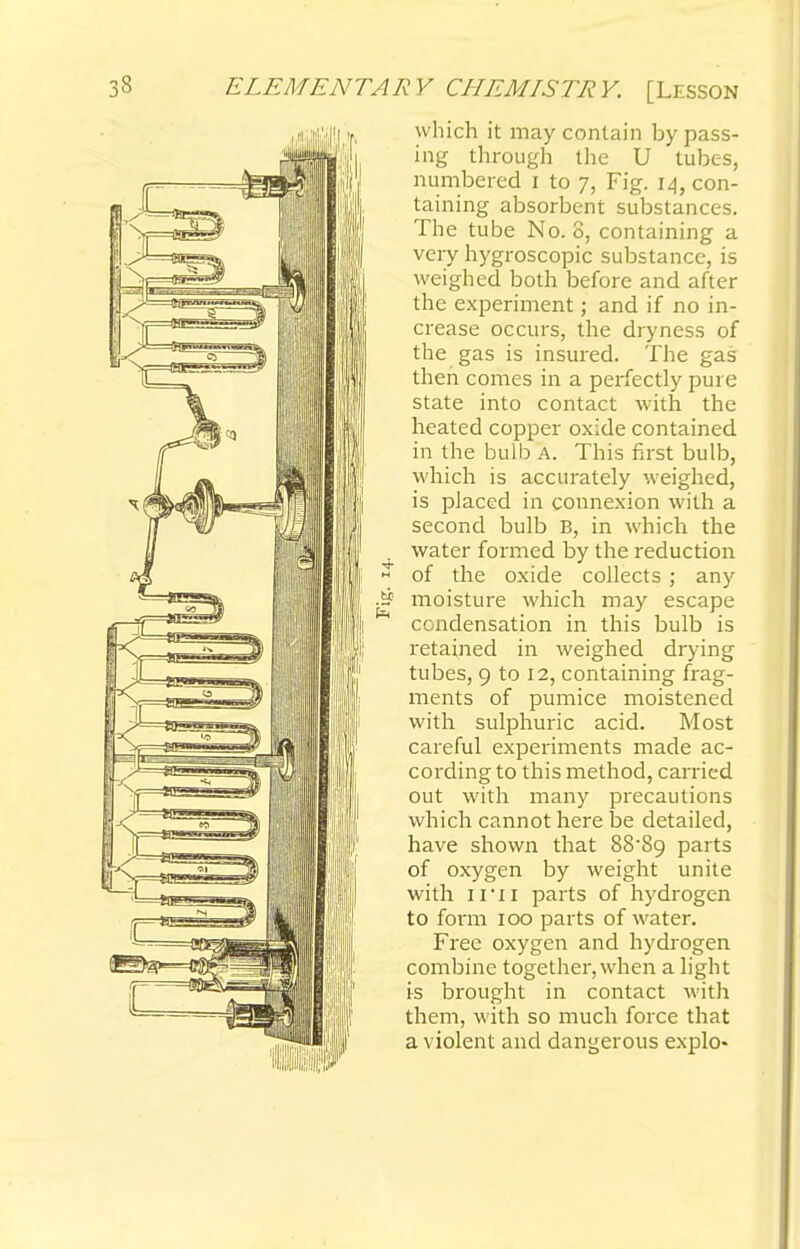 which it may contain bypass- ing through the U tubes, numbered I to 7, Fig. 14, con- taining absorbent substances. The tube No. 8, containing a very hygroscopic substance, is weighed both before and after the experiment; and if no in- crease occurs, the dryness of the gas is insured. The gas then comes in a perfectly pure state into contact with the heated copper oxide contained in the bulb A. This first bulb, which is accurately weighed, is placed in connexion with a second bulb B, in which the water formed by the reduction of the oxide collects ; any moisture which may escape condensation in this bulb is retained in weighed drying tubes, 9 to 12, containing frag- ments of pumice moistened with sulphuric acid. Most careful experiments made ac- cording to this method, carried out with many precautions which cannot here be detailed, have shown that 88*89 parts of oxygen by weight unite with il'ii parts of hydrogen to form 100 parts of water. Free oxygen and hydrogen combine together, when a light fs brought in contact with them, with so much force that a violent and dangerous explo-