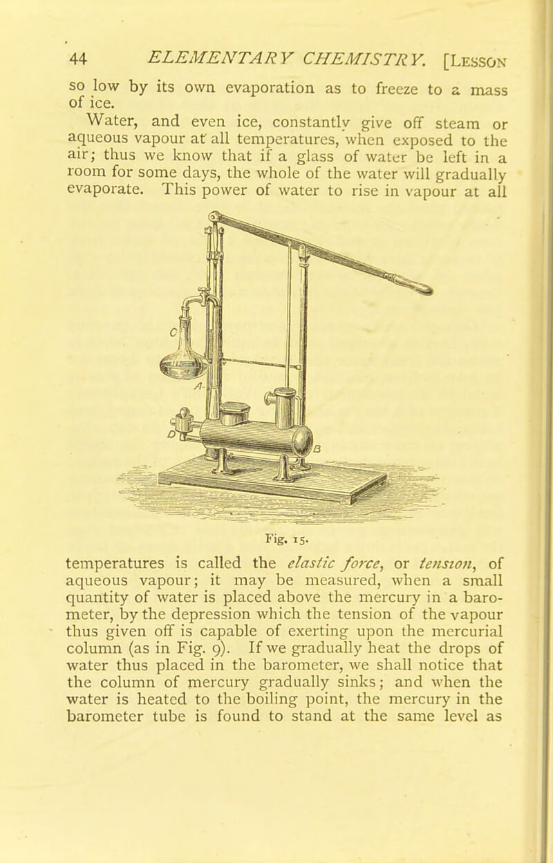 so low by its own evaporation as to freeze to a mass of ice. Water, and even ice, constantly give off steam or aqueous vapour at' all temperatures, when exposed to the air; thus we know that if a glass of water be left in a room for some days, the whole of the water will gradually evaporate. This power of water to rise in vapour at all Fig. is- temperatures is called the elastic force, or tension, of aqueous vapour; it may be measured, when a small quantity of water is placed above the mercury in a baro- meter, by the depression which the tension of the vapour thus given off is capable of exerting upon the mercurial column (as in Fig. 9). If we gradually heat the drops of water thus placed in the barometer, we shall notice that the column of mercury gradually sinks; and when the water is heated to the boiling point, the mercury in the barometer tube is found to stand at the same level as
