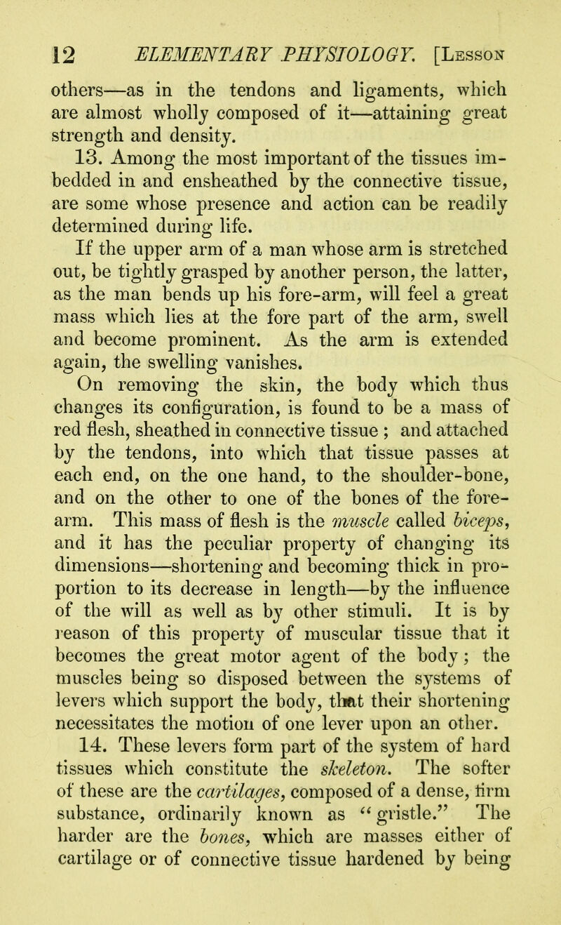 others—as in the tendons and ligaments, which are almost wholly composed of it—attaining great strength and density. 13. Among the most important of the tissues im- bedded in and ensheathed by the connective tissue, are some whose presence and action can be readily determined during life. If the upper arm of a man whose arm is stretched out, be tightly grasped by another person, the latter, as the man bends up his fore-arm, will feel a great mass which lies at the fore part of the arm, swell and become prominent. As the arm is extended again, the swelling vanishes. On removing the skin, the body which thus changes its configuration, is found to be a mass of red flesh, sheathed in connective tissue ; and attached by the tendons, into which that tissue passes at each end, on the one hand, to the shoulder-bone, and on the other to one of the bones of the fore- arm. This mass of flesh is the muscle called biceps, and it has the peculiar property of changing its dimensions—shortening and becoming thick in pro^ portion to its decrease in length—by the influence of the will as well as by other stimuli. It is by I'eason of this property of muscular tissue that it becomes the great motor agent of the body; the muscles being so disposed between the sj^stems of levers which support the body, that their shortening necessitates the motion of one lever upon an other. 14. These levers form part of the system of hard tissues which constitute the sheleton. The softer of these are the cartilages^ composed of a dense, tirm substance, ordinarily known as gristle. The harder are the hones, which are masses either of cartilage or of connective tissue hardened by being