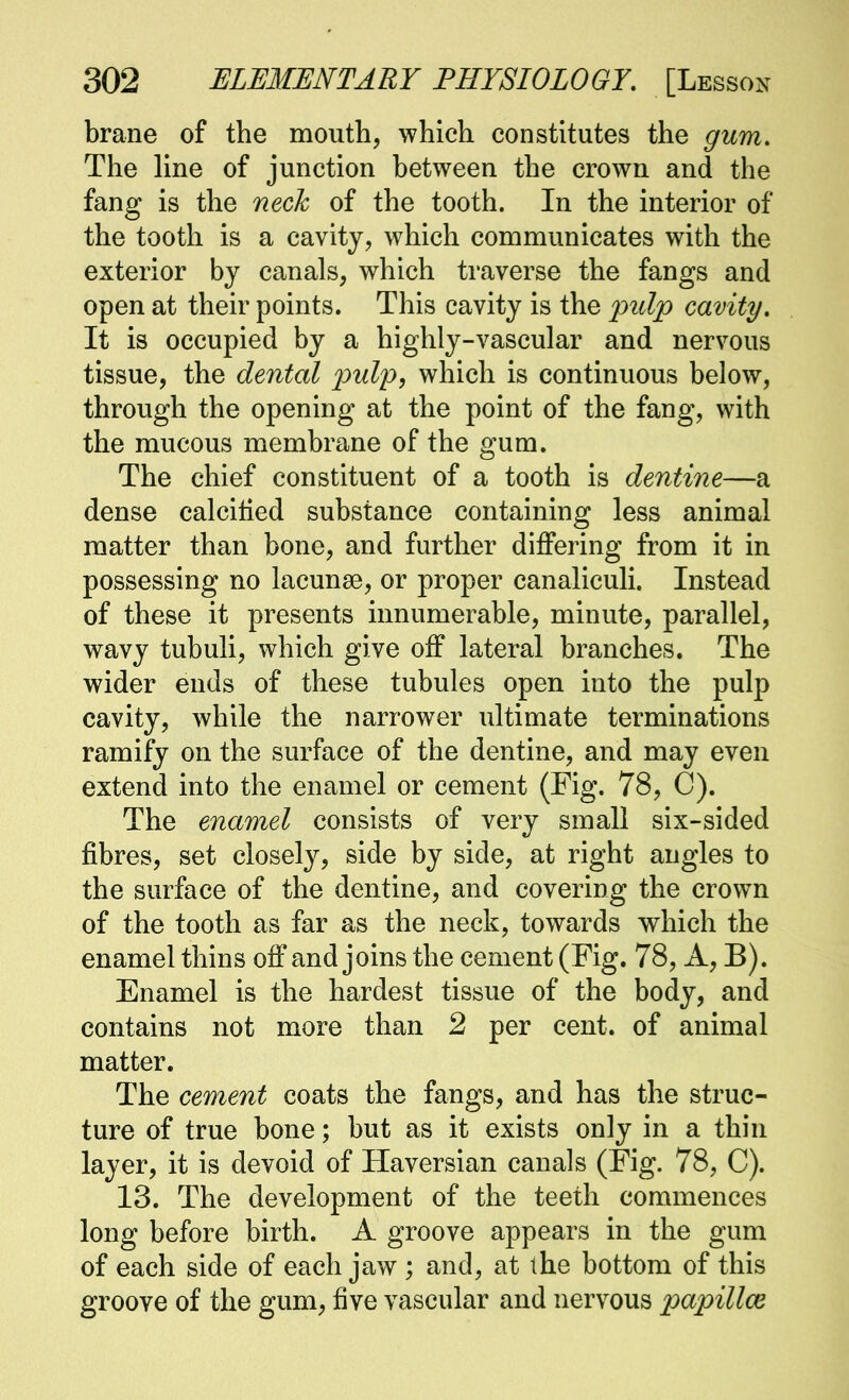 brane of the mouth, which constitutes the gum. The line of junction between the crown and the fang is the neck of the tooth. In the interior of the tooth is a cavity, which communicates with the exterior by canals, which traverse the fangs and open at their points. This cavity is the pulp cavity. It is occupied by a highly-vascular and nervous tissue, the dental pulp, which is continuous below, through the opening at the point of the fang, with the mucous membrane of the gum. The chief constituent of a tooth is dentine—a dense calcified substance containing less animal matter than bone, and further differing from it in possessing no lacunae, or proper canaliculi. Instead of these it presents innumerable, minute, parallel, wavy tubuli, which give off lateral branches. The wider ends of these tubules open into the pulp cavity, while the narrower ultimate terminations ramify on the surface of the dentine, and may even extend into the enamel or cement (Fig. 78, C). The enamel consists of very small six-sided fibres, set closely, side by side, at right angles to the surface of the dentine, and covering the crown of the tooth as far as the neck, towards which the enamel thins off and joins the cement (Fig. 78, A, B). Enamel is the hardest tissue of the body, and contains not more than 2 per cent, of animal matter. The cement coats the fangs, and has the struc- ture of true bone; but as it exists only in a thin layer, it is devoid of Haversian canals (Fig. 78, C). 13. The development of the teeth commences long before birth. A groove appears in the gum of each side of each jaw ; and, at the bottom of this groove of the gum, five vascular and nervous papillae