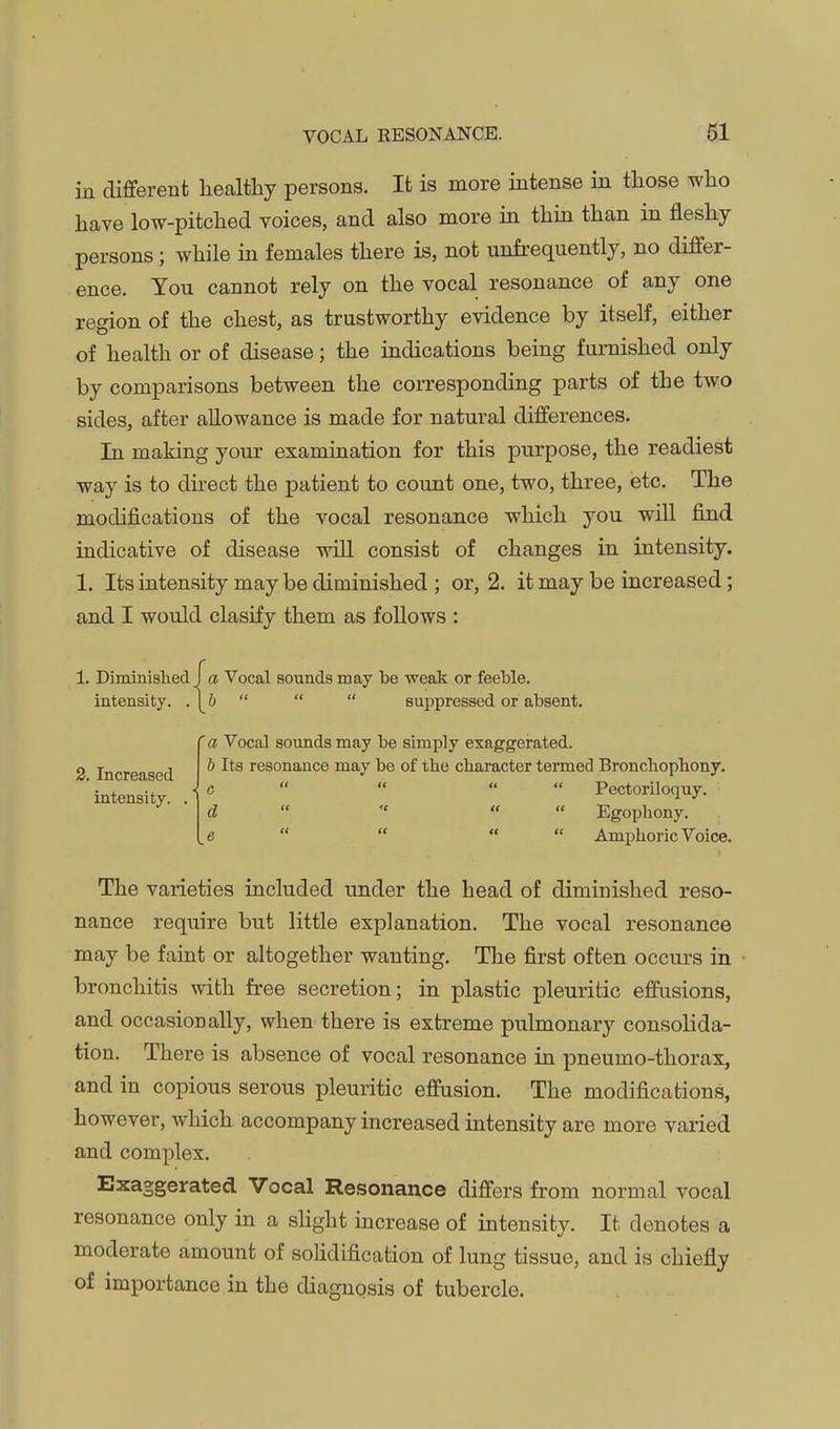 in different healthy persons. It is more intense in those who have low-pitched voices, and also more in thin than in fleshy persons; while in females there is, not unfrequently, no differ- ence. You cannot rely on the vocal resonance of any one region of the chest, as trustworthy evidence by itself, either of health or of disease; the indications being furnished only by comparisons between the corresponding parts of the two sides, after allowance is made for natural differences. In making your examination for this purpose, the readiest way is to direct the patient to count one, two, three, etc. The modifications of the vocal resonance which you will find indicative of disease wiU consist of changes in intensity. 1. Its intensity may be diminished ; or, 2. it may be increased; and I would clasify them as follows : 1. DiminislieclJ a Vocal sounds may be weak or feeble, intensity. .    suppressed or absent. 'a Vocal sounds may be simply exaggerated. b Its resonance may be of the character termed Bronchophony, c     Pectoriloquy. d     Egophony. ,e     Amphoric Voice. The varieties included under the head of diminished reso- nance require but little explanation. The vocal resonance may be faint or altogether wanting. The first often occurs in bronchitis with free secretion; in plastic pleuritic effusions, and occasionally, when there is extreme pulmonary consolida- tion. There is absence of vocal resonance in pneumo-thorax, and in copious serous pleuritic effusion. The modifications, however, which accompany increased intensity are more varied and complex. Exaggerated Vocal Resonance differs from normal vocal resonance only in a shght increase of intensity. It denotes a moderate amount of sohdification of lung tissue, and is chiefly of importance in the diagnosis of tubercle. 3. Increased intensity. .