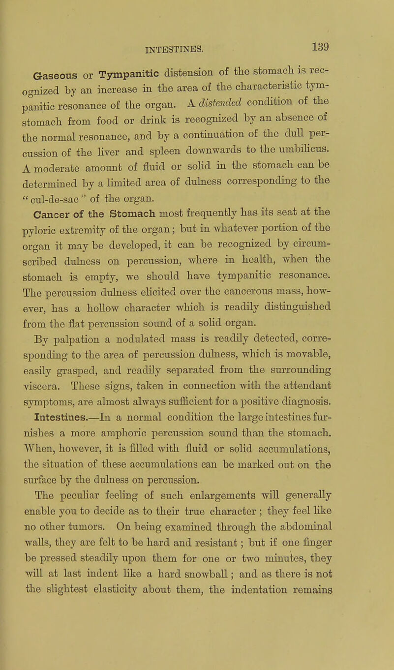 INTESTmES. Gaseous or Tympanitic distension of the stomach is rec- ognized by an increase in the area of the characteristic tym- panitic resonance of the organ. A distended condition of the stomach from food or drink is recognized by an absence of the normal resonance, and by a continuation of the dull per- cussion of the hver and spleen downwards to the nmbihcus. A moderate amount of fluid or sohd m the stomach can be determmed by a limited area of duhiess corresponding to the  cul-de-sac  of the organ. Cancer of the Stomach most frequently has its seat at the pyloric extremity of the organ; but in whatever portion of the organ it may be developed, it can be recognized by circum- scribed dulness on percussion, where m health, when the stomach is empty, we should have tympanitic resonance. The percussion dulness ehcited over the cancerous mass, how- ever, has a hollow character which is readily distinguished from the flat percussion sound of a sohd organ. By palpation a nodulated mass is readily detected, corre- sponding to the area of percussion dulness, whicb is movable, easily grasped, and readily separated from the surrounding viscera. These signs, taken in connection with the attendant symptoms, are almost always sufficient for a positive diagnosis. Intestines.—In a normal condition the large intestines fur- nishes a more amphoric percussion sound than the stomach. When, however, it is filled with fluid or solid accumulations, the situation of these accumulations can be marked out on the surface by the dulness on percussion. The pecuhar feehng of such enlargements wiU generally enable you to decide as to their true character ; they feel like no other tumors. On being examined through the abdominal walls, they are felt to be hard and resistant; but if one finger be pressed steadily upon them for one or two minutes, they will at last indent hko a hard snowball; and as there is not the slightest elasticity about them, the indentation remains