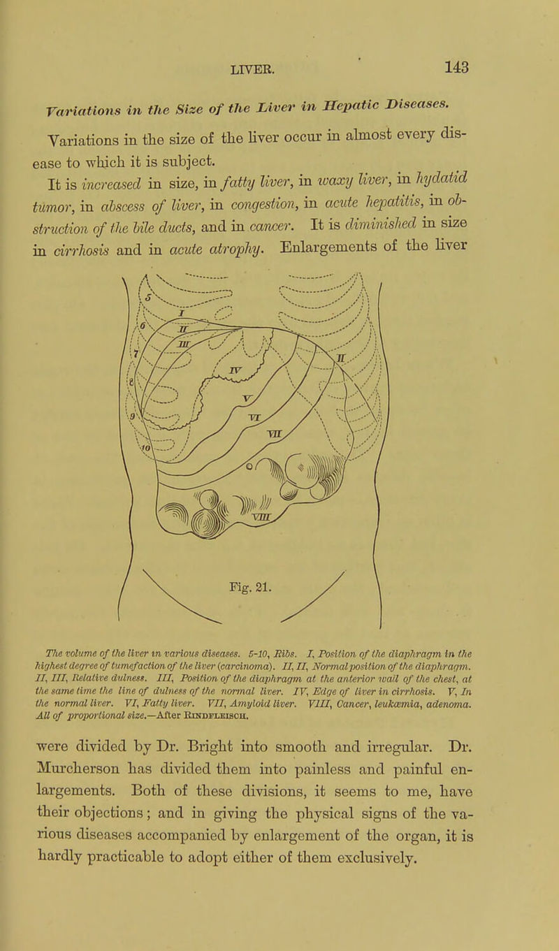 Variations in the Size of the Liver in Hepatic Diseases. Variations in the size of the hver occur in ahnost every dis- ease to which it is subject. It is increased in size, in /a% liver, in wax7j liver, in hydatid tumor, in aisce.ss of liver, in congestion, in acute hepatitis, in ol- struction of the bile ducts, and in caneer. It is diminished in size in cirrhosis and in acute atrophy. Enlargements of the liver 77i« volume of the liver tn various diseases. 5-10, Ribs. /, Position of Ihe diaphragm in the highest degree of tumefaction of the liver (carcinoma). II, II, Nwmal position of the diaiihragm. II, III, Relative dvlness. Ill, Position of the diaphragm at the anterior wail of the chest, at the same lime the line of dulness of tlie normal liver. IV, Edge of liver in cirrhosis. V, In the normal liver. VI, Patty liver. VII, Amyloid liver. VIII, Cancel; leukcemia, adenoma. All of propoi'tional size.—ASter Eindi'ubisoh. were divided by Dr. Bright into smooth and irregular. Dr. Murcherson has divided them into painless and painful en- largements. Both of these divisions, it seems to me, have their objections; and in giving the physical signs of the va- rious diseases accompanied by enlargement of the organ, it is hardly practicable to adopt either of them exclusively.