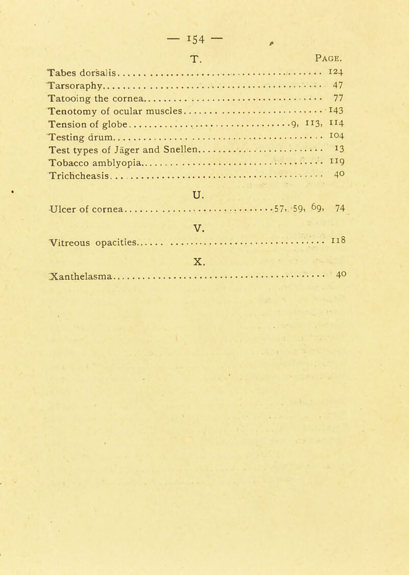 T. Page. Tabes dorsal is 124 Tarsoraphy 47 Tatooing the cornea 77 Tenotomy of ocular muscles ^43 Tension of globe 9. II3> 4 Testing drum Test types of Jager and Snellen • • • i3 Tobacco amblyopia ^^9 Trichcheasis 4° U. Ulcer of cornea 57. 59.69- 74 V. Vitreous opacities X. Xanthelasma 4°