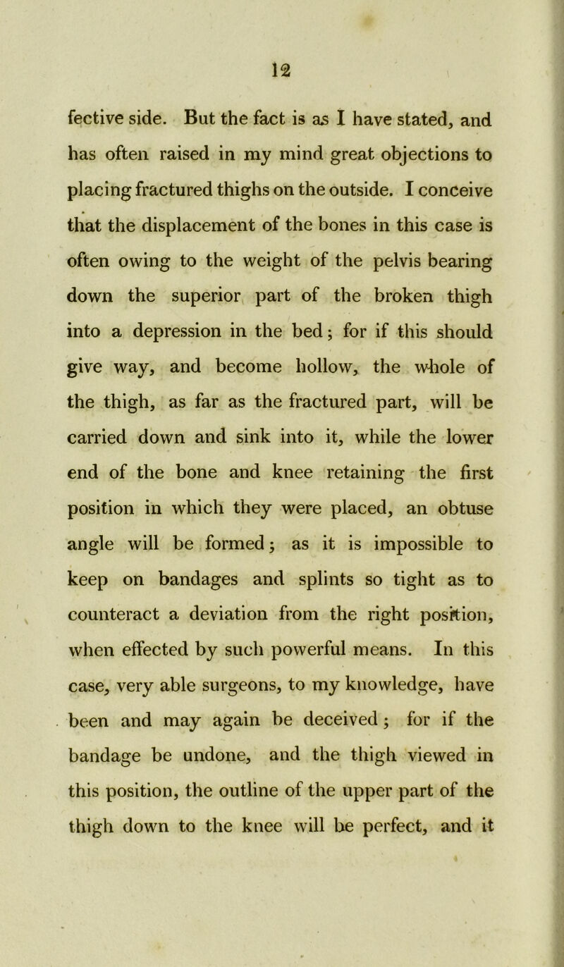 n fective side. Bat the fact is as I have stated, and has often raised in my mind great objections to placing fractured thighs on the outside. I conceive that the displacement of the bones in this case is often owing to the weight of the pelvis bearing down the superior part of the broken thigh into a depression in the bed; for if this should give way, and become hollow, the whole of the thigh, as far as the fractured part, will be carried down and sink into it, while the lower end of the bone and knee retaining the first position in which they were placed, an obtuse i / angle will be formed; as it is impossible to keep on bandages and splints so tight as to counteract a deviation from the right position, when effected by such powerful means. In this case, very able surgeons, to my knowledge, have been and may again be deceived; for if the bandage be undone, and the thigh viewed in this position, the outline of the upper part of the thigh down to the knee will be perfect, and it