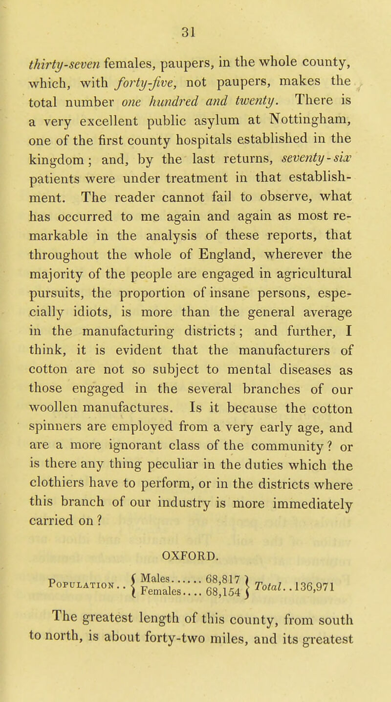 thirty-seven females, paupers, in the whole county, which, with forty-jive, not paupers, makes the total number one hundred and twenty. There is a very excellent public asylum at Nottingham, one of the first county hospitals established in the kingdom; and, by the last returns, seventy-six patients were under treatment in that establish- ment. The reader cannot fail to observe, what has occurred to me again and again as most re- markable in the analysis of these reports, that throughout the whole of England, wherever the majority of the people are engaged in agricultural pursuits, the proportion of insane persons, espe- cially idiots, is more than the general average in the manufacturing districts; and further, I think, it is evident that the manufacturers of cotton are not so subject to mental diseases as those engaged in the several branches of our woollen manufactures. Is it because the cotton spinners are employed from a very early age, and are a more ignorant class of the community ? or is there any thing peculiar in the duties which the clothiers have to perform, or in the districts where this branch of our industry is more immediately carried on ? OXFORD. The greatest length of this county, from south to north, is about forty-two miles, and its greatest