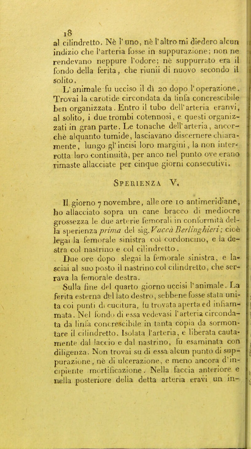 al cilindrelto, 1' uno, ne Taltro ml diedero alcua indizio che I'arteria fosse in suppurazione; non ne rendevano neppure Todore; n6 suppurrato era il fondo della ferita, che rlunii di nuovo secondo il solito, ' L'anlmale fu ucciso II di 20 dopo I'operazione. J Troval la carotide circondata da linfa concrescibile ben organizzata. Entro il lubo dell'arteria eranvi, al solito, i duetrombi cotennosi, e que^ti organiz- zati in gran parte. Le tonache deU'arteria, ancor- ch6 aiquanto tumide, lasciavano disrernere chiara- mente, lungo grincisl loro margini, la non inter-' rotta Isro continuity, per anco nel punto ove erano rimaste allacciate per cinque giorni consecutivi. Speiiienza V, I! giorno 7 novembre, alleore 10 antimerldiane, ho allacciato sopra un cane bracco di nnediocre grossezza le due artcrie lemorali in conlormita del- la sperienza prima del sxs^.Vacra Berlinghieri; cioe legal la femorale sinistra coi cordoncmo, e la de- stra col nastrino e col cllindretto, ; Due ore dopo slegai la femorale sinistra, e la- sciai al suo posto il nastrino col cilindretto, che ser- rava la femorale destra. Sulla fine del quarto giorno uccisi Tanimale. La ferita esterna dtl lato destro, sebbene fosse stata uni- tacoi punti di cucitura, (u trovata aperta ed inliam- mata. Nel londu di essa vedevasi I'arteria circonda- ta da linia concrescibile in tp.nta copia da sormon- tare il cilindretto. Isolata I'arteria, e liberata cauta- , mente dal laccio e dal nastrino, fu esaminata con ^ diligenza. Non trovai su di essa alcun punto di sup- purazione, n^ di ulcerazione, e meno ancora d'in- cipierite mortificazione. Nella faccia anlenore e , Hfella posteriore delia detta arteria eravi un in-