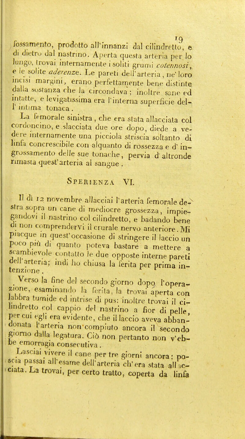 Jossampnto, prodotto all'innanzi dal cillndretto, e di dit^tru dal nastnno. Aperta questa arteria per lo Jungo, trovai internamente i soliti grumi coiermosi, e ie solite adeiertze, Le pareti dell'arleria , ue'loro , jncisi martini, erano perfeltamente bene distinte dal.a sustaiiza rhe la circondava': inollre sane ed inuilte, e levigat.ssima era T interna superficie del- i mil ma tonaca . La t'emorale sinistra , che era stata allacciata col cordoncino, e slacciata due ore dopo, diede a ve- dere internamente una picciola striscia soltanto di linfa concrescibile con aiquanto di rossezza e d' in- grossamento delle sue tonache, pervia d'altronde rimasia quest'arteria al sangue . Sperienza VI, II di J2 novembre allacciai Tarteria femorale de-^ stra sopra un cane di mediocre grossezza, impie- gandovi il nastrino col cilindretto, e badando bene di non comprendervi il crurale nervo anteriore.Mi piacque in quest'occasione di stringere il laccio un poco pm di quanto poteva bastare a mettere a srambievole contalto )e due opposte interne pareti dell arteria; indi ho chiusa la ferita per prima in- tenzione. Verso la fine del secondo giorno dopo Topera- zione, esaminando la Cerila, la trovai aperta con abbra tum.de ed intrise di pus: inoltre trovai il ci- lindretto col cappio del nastrlno a fior di pelle percui egli era evidente, che il laccio aveva abban- donata ]'arteria non-compiufo ancora il secondo 8>omo dalla legatura. Ci6 non pertanto non v'eb- be emorragia conserutiva. Lasciai vivere il cane per tre giorni ancora: po- scia passai all'esame dell'arteria ch'era stata alhc- ciata. La trovai, per certo tratto, coperta da linfa